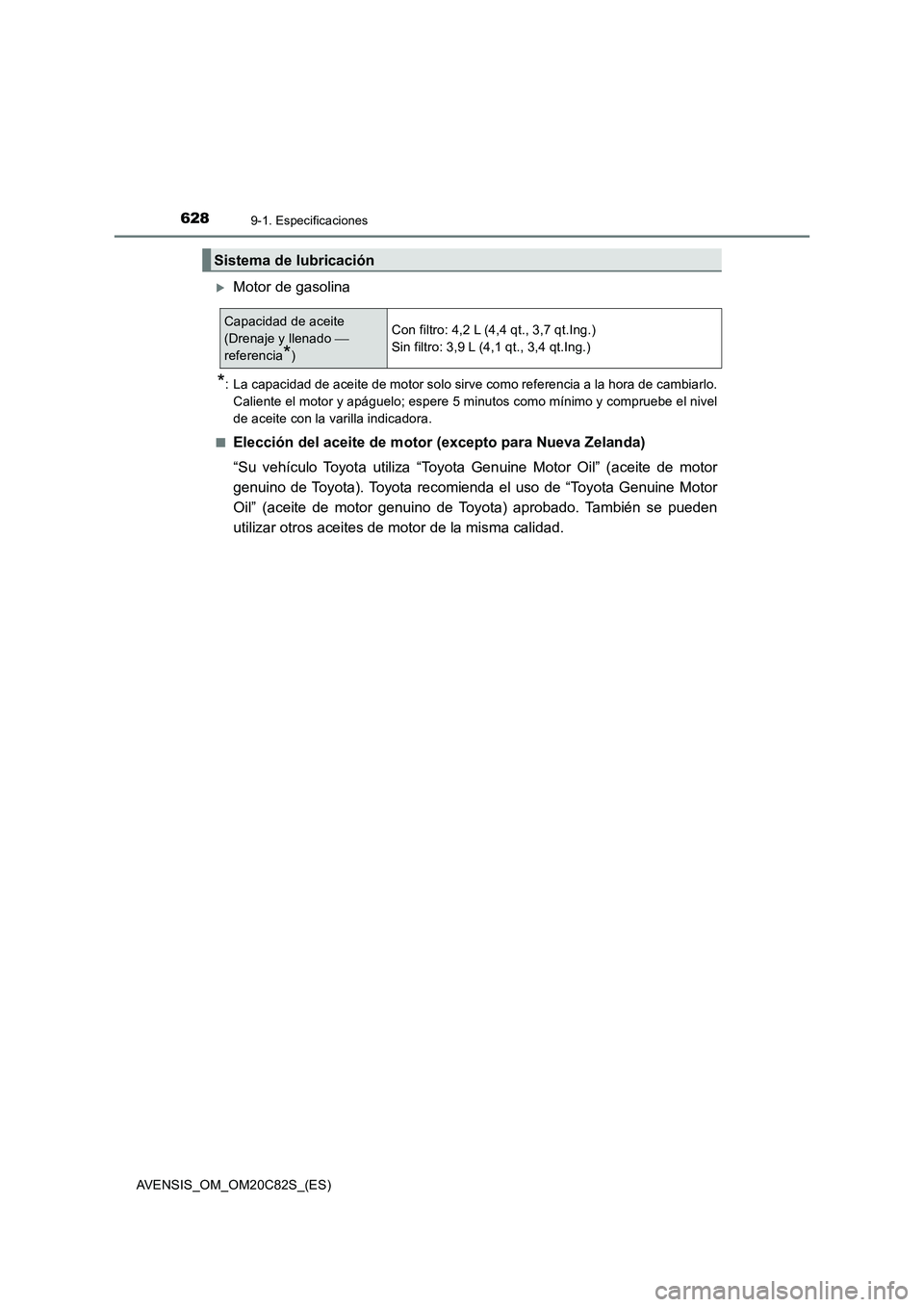 TOYOTA AVENSIS 2018  Manual del propietario (in Spanish) 6289-1. Especificaciones
AVENSIS_OM_OM20C82S_(ES)
Motor de gasolina
*: La capacidad de aceite de motor solo sirve como referencia a la hora de cambiarlo.
Caliente el motor y apáguelo; espere 5 min