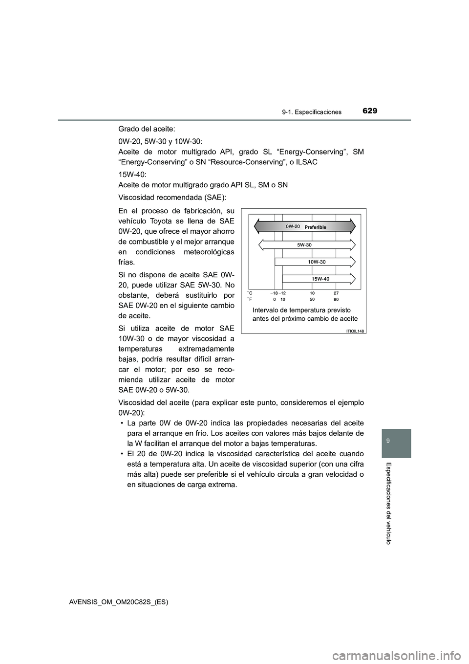 TOYOTA AVENSIS 2018  Manual del propietario (in Spanish) 6299-1. Especificaciones
AVENSIS_OM_OM20C82S_(ES)
9
Especificaciones del vehículo
Grado del aceite:
0W-20, 5W-30 y 10W-30: 
Aceite de motor multigrado API, grado SL “Energy-Conserving”, SM
“Ene