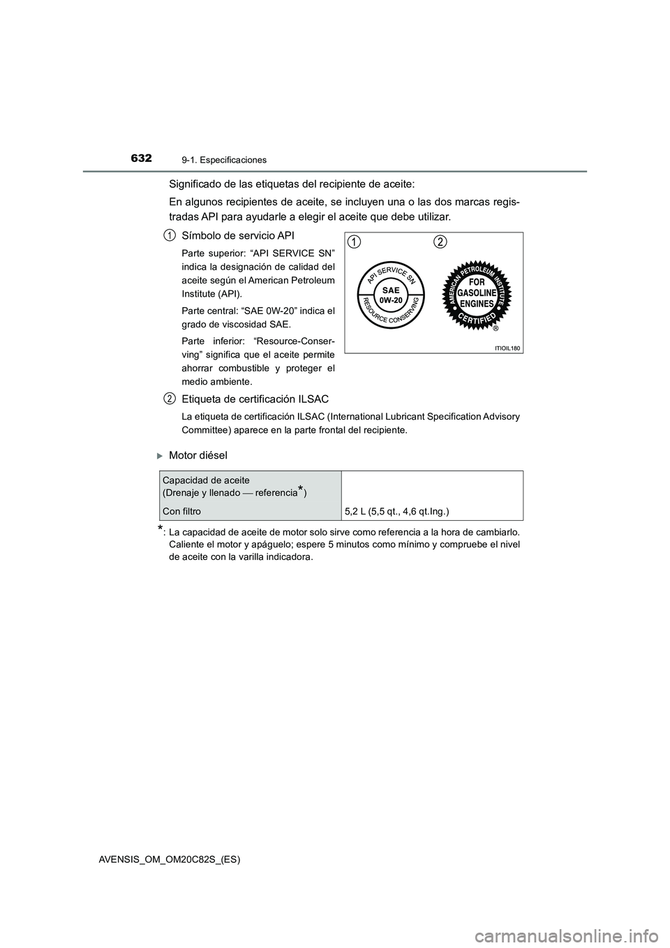 TOYOTA AVENSIS 2018 Manual del propietario (in Spanish) 6329-1. Especificaciones
AVENSIS_OM_OM20C82S_(ES)
Significado de las etiquetas del recipiente de aceite:
En algunos recipientes de aceite, se incluyen una o las dos marcas regis-
tradas API para ayuda TOYOTA AVENSIS 2018 Manual del propietario (in Spanish) 6329-1. Especificaciones
AVENSIS_OM_OM20C82S_(ES)
Significado de las etiquetas del recipiente de aceite:
En algunos recipientes de aceite, se incluyen una o las dos marcas regis-
tradas API para ayuda