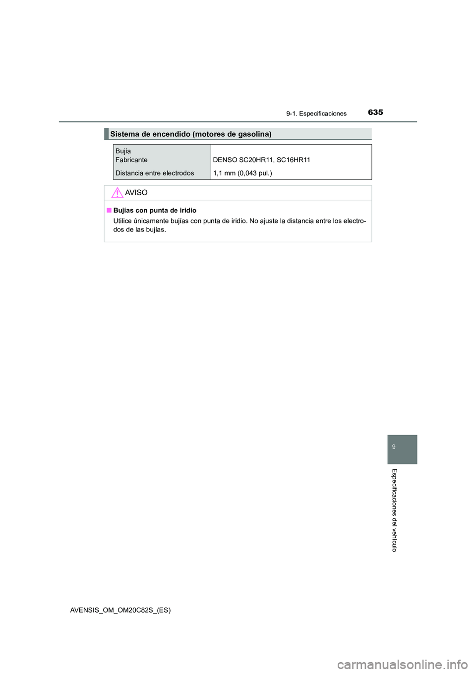 TOYOTA AVENSIS 2018 Manual del propietario (in Spanish) 6359-1. Especificaciones
AVENSIS_OM_OM20C82S_(ES)
9
Especificaciones del vehículo
Sistema de encendido (motores de gasolina)
Bujía
Fabricante DENSO SC20HR11, SC16HR11
Distancia entre electrodos 1,1 TOYOTA AVENSIS 2018 Manual del propietario (in Spanish) 6359-1. Especificaciones
AVENSIS_OM_OM20C82S_(ES)
9
Especificaciones del vehículo
Sistema de encendido (motores de gasolina)
Bujía
Fabricante DENSO SC20HR11, SC16HR11
Distancia entre electrodos 1,1