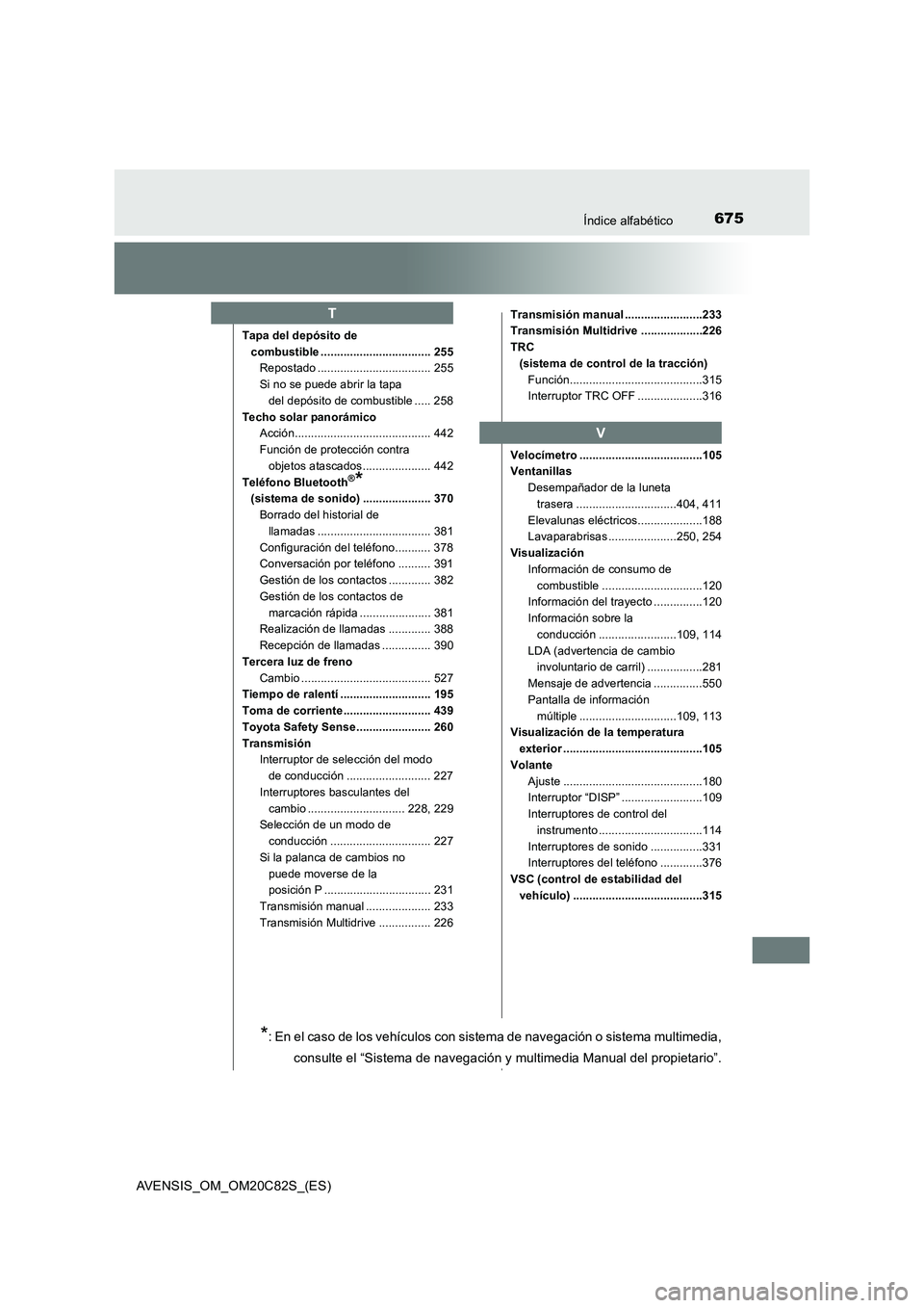 TOYOTA AVENSIS 2018  Manual del propietario (in Spanish) 675Índice alfabético
AVENSIS_OM_OM20C82S_(ES)
Tapa del depósito de 
combustible .................................. 255
Repostado ................................... 255
Si no se puede abrir la tapa
