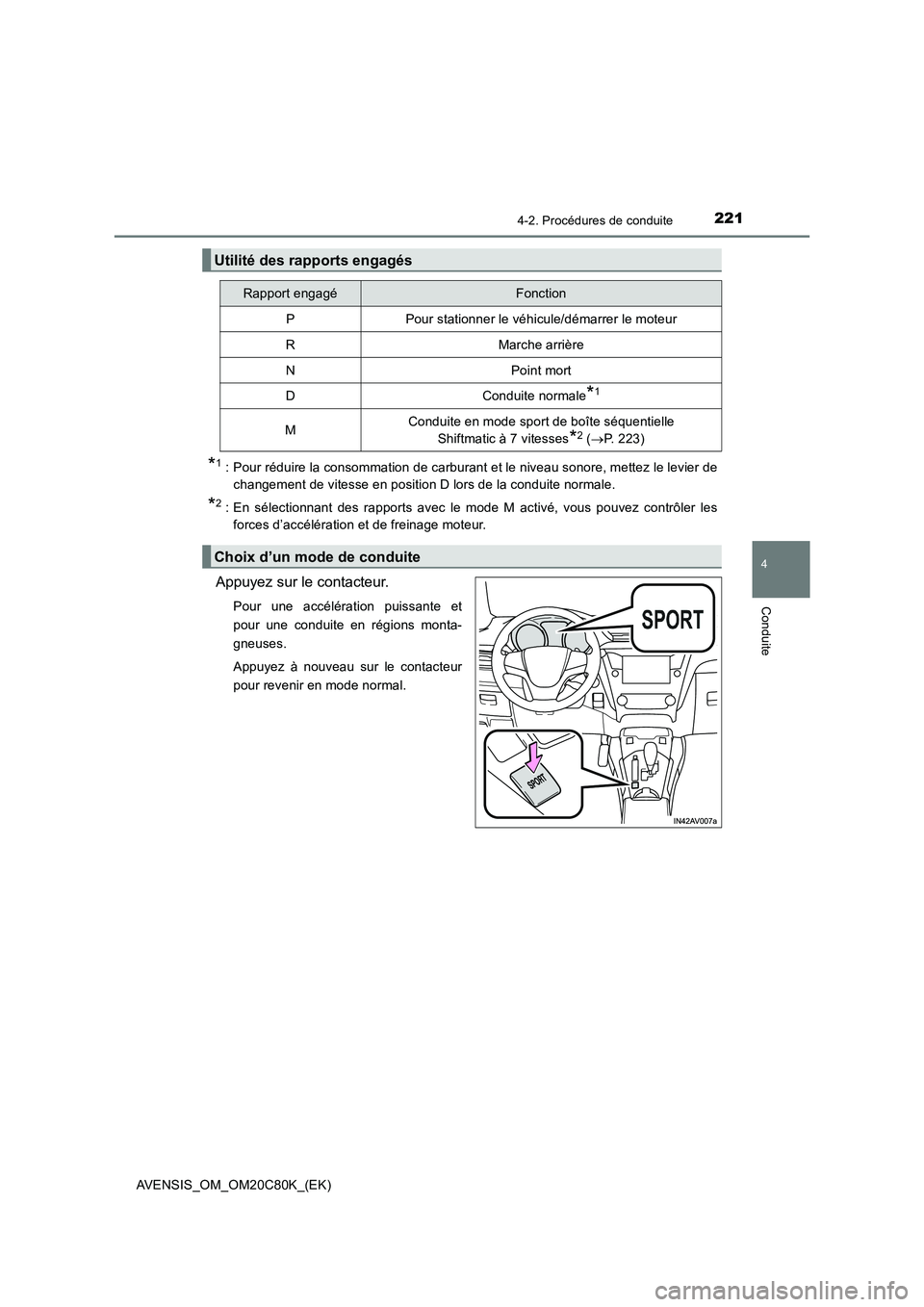 TOYOTA AVENSIS 2018 Manuel du propriétaire (in French) 2214-2. Procédures de conduite
4
Conduite
AVENSIS_OM_OM20C80K_(EK)
*1 : Pour réduire la consommation de carburant et le niveau sonore, mettez le levier de
changement de vitesse en position D lors de TOYOTA AVENSIS 2018 Manuel du propriétaire (in French) 2214-2. Procédures de conduite
4
Conduite
AVENSIS_OM_OM20C80K_(EK)
*1 : Pour réduire la consommation de carburant et le niveau sonore, mettez le levier de
changement de vitesse en position D lors de