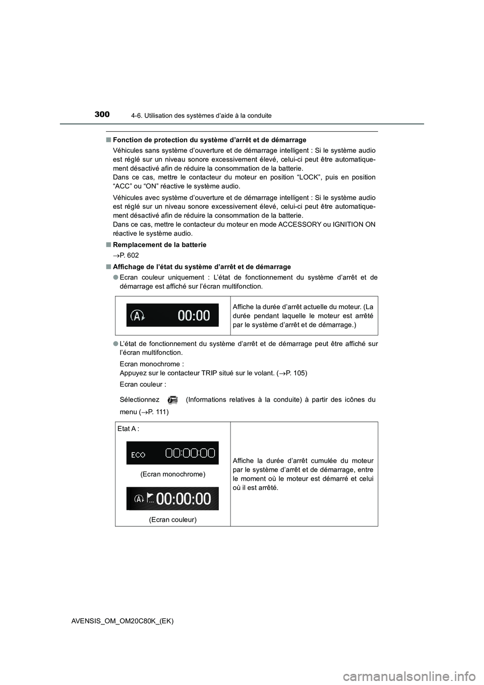 TOYOTA AVENSIS 2018 Manuel du propriétaire (in French) 3004-6. Utilisation des systèmes d’aide à la conduite
AVENSIS_OM_OM20C80K_(EK)
■Fonction de protection du système d’arrêt et de démarrage
Véhicules sans système d’ouverture et de démar TOYOTA AVENSIS 2018 Manuel du propriétaire (in French) 3004-6. Utilisation des systèmes d’aide à la conduite
AVENSIS_OM_OM20C80K_(EK)
■Fonction de protection du système d’arrêt et de démarrage
Véhicules sans système d’ouverture et de démar