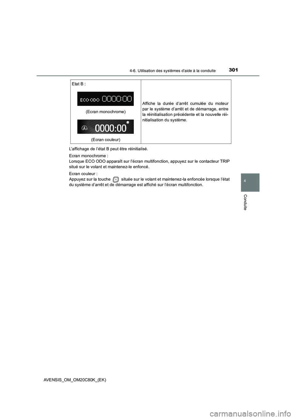 TOYOTA AVENSIS 2018 Manuel du propriétaire (in French) 3014-6. Utilisation des systèmes d’aide à la conduite
4
Conduite
AVENSIS_OM_OM20C80K_(EK)L’affichage de l’état B peut être réinitialisé.
Ecran monochrome :
Lorsque ECO ODO apparaît sur l TOYOTA AVENSIS 2018 Manuel du propriétaire (in French) 3014-6. Utilisation des systèmes d’aide à la conduite
4
Conduite
AVENSIS_OM_OM20C80K_(EK)L’affichage de l’état B peut être réinitialisé.
Ecran monochrome :
Lorsque ECO ODO apparaît sur l