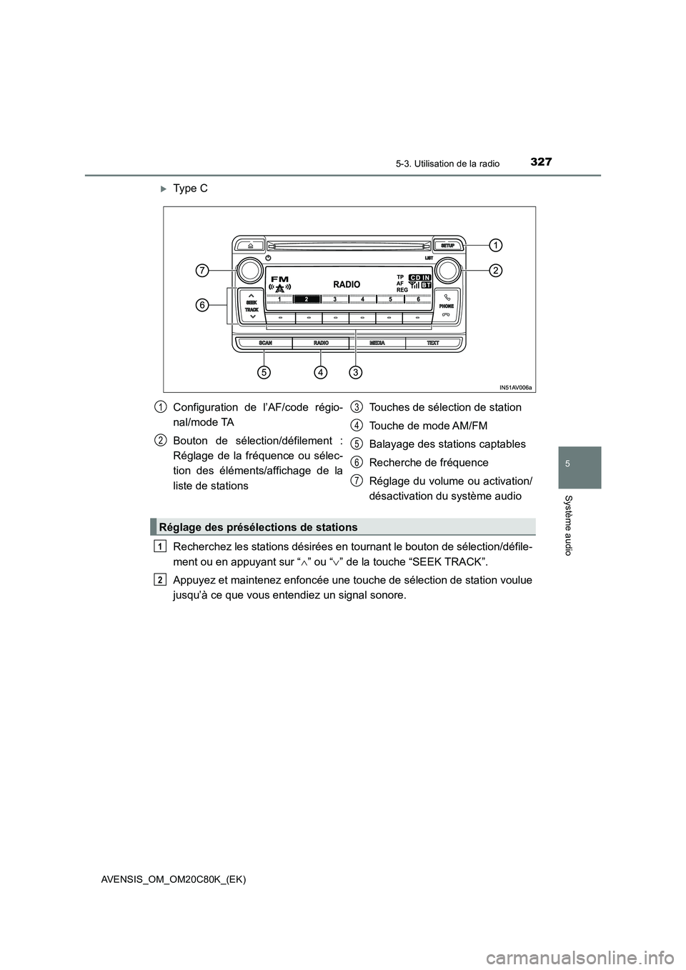 TOYOTA AVENSIS 2018 Manuel du propriétaire (in French) 3275-3. Utilisation de la radio
5
Système audio
AVENSIS_OM_OM20C80K_(EK)
Type C
Recherchez les stations désirées en tournant le bouton de sélection/défile-
ment ou en appuyant sur “” ou TOYOTA AVENSIS 2018 Manuel du propriétaire (in French) 3275-3. Utilisation de la radio
5
Système audio
AVENSIS_OM_OM20C80K_(EK)
Type C
Recherchez les stations désirées en tournant le bouton de sélection/défile-
ment ou en appuyant sur “” ou