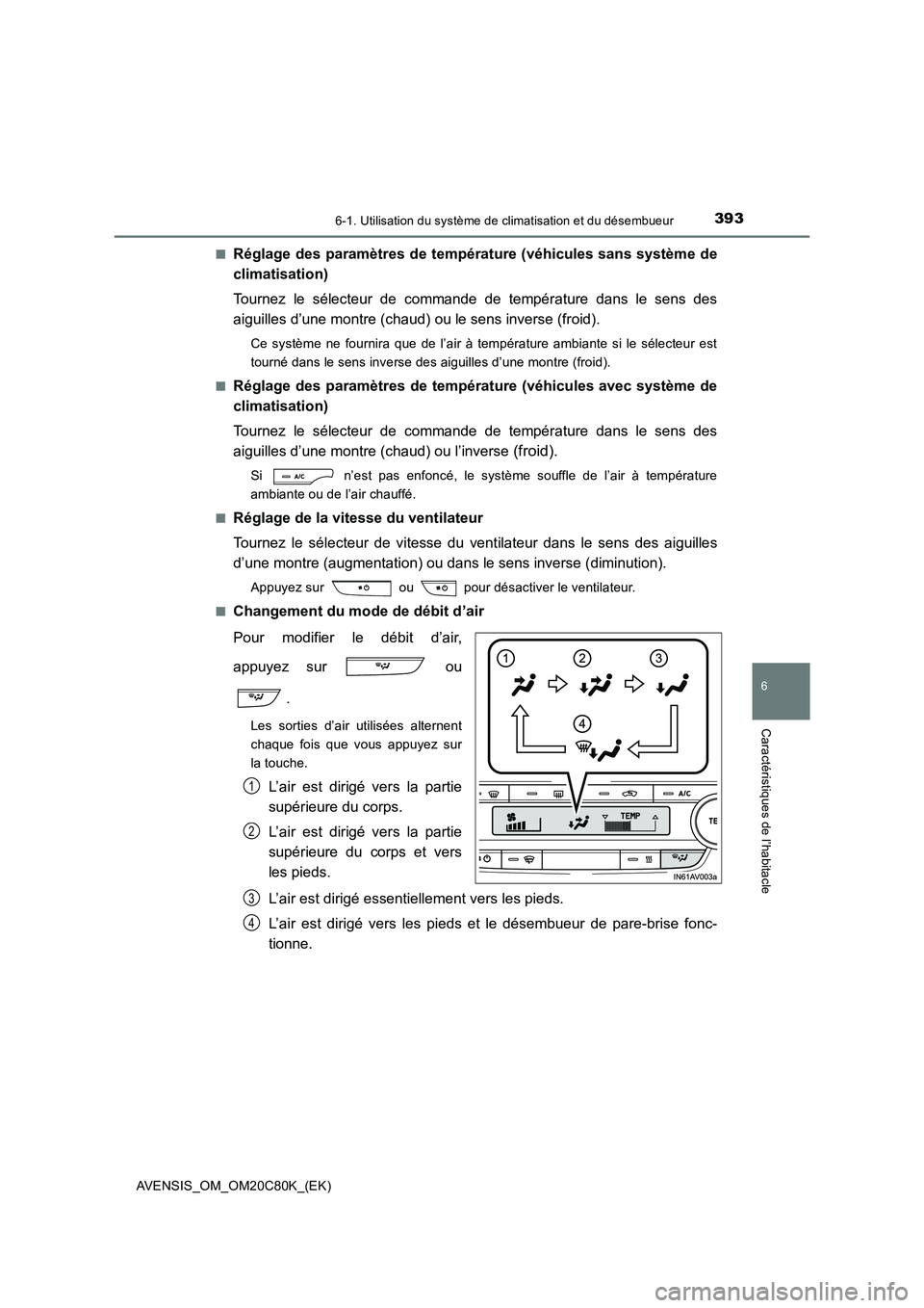 TOYOTA AVENSIS 2018  Manuel du propriétaire (in French) 3936-1. Utilisation du système de climatisation et du désembueur
AVENSIS_OM_OM20C80K_(EK)
6
Caractéristiques de l’habitacle
■Réglage des paramètres de température (véhicules sans système d