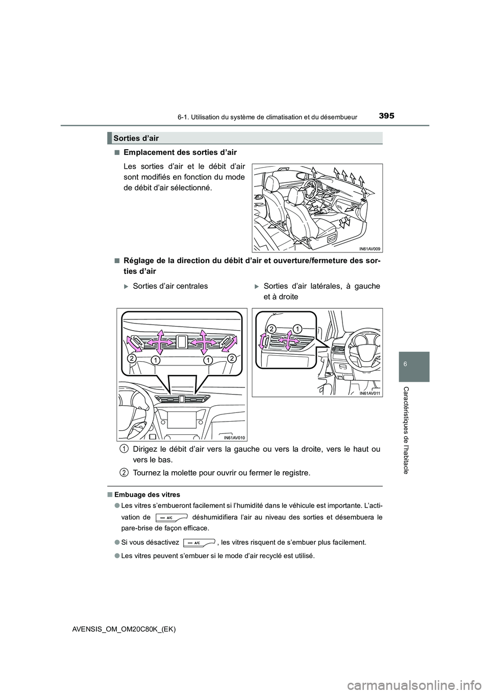 TOYOTA AVENSIS 2018  Manuel du propriétaire (in French) 3956-1. Utilisation du système de climatisation et du désembueur
AVENSIS_OM_OM20C80K_(EK)
6
Caractéristiques de l’habitacle
■Emplacement des sorties d’air 
Les sorties d’air et le débit d