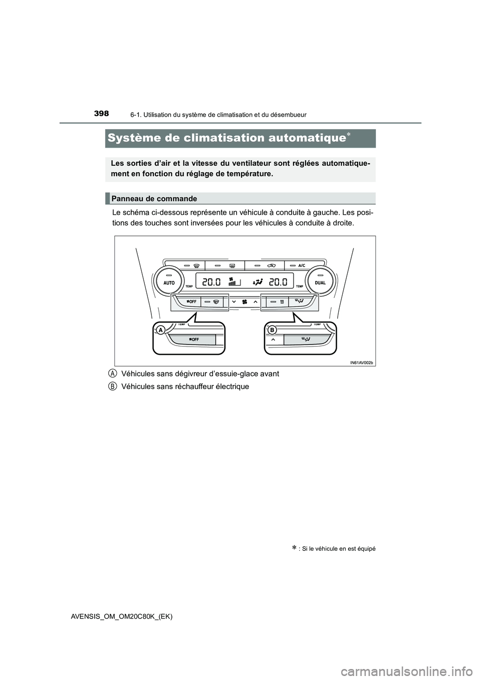 TOYOTA AVENSIS 2018  Manuel du propriétaire (in French) 3986-1. Utilisation du système de climatisation et du désembueur
AVENSIS_OM_OM20C80K_(EK)
Système de climatisation automatique
Le schéma ci-dessous représente un véhicule à conduite à gauch