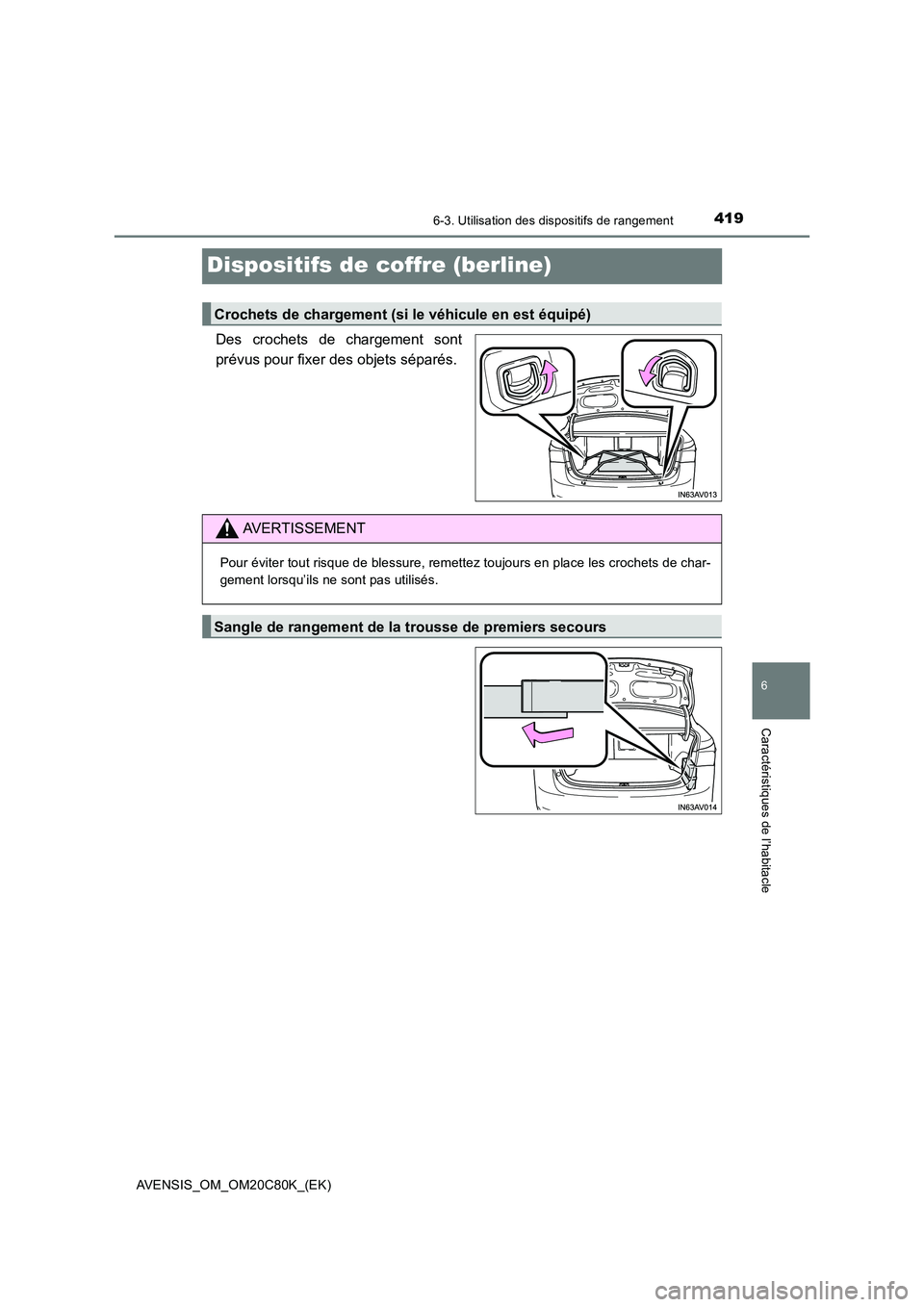 TOYOTA AVENSIS 2018  Manuel du propriétaire (in French) 4196-3. Utilisation des dispositifs de rangement
AVENSIS_OM_OM20C80K_(EK)
6
Caractéristiques de l’habitacle
Dispositifs de coffre (berline)
Des crochets de chargement sont 
prévus pour fixer des o