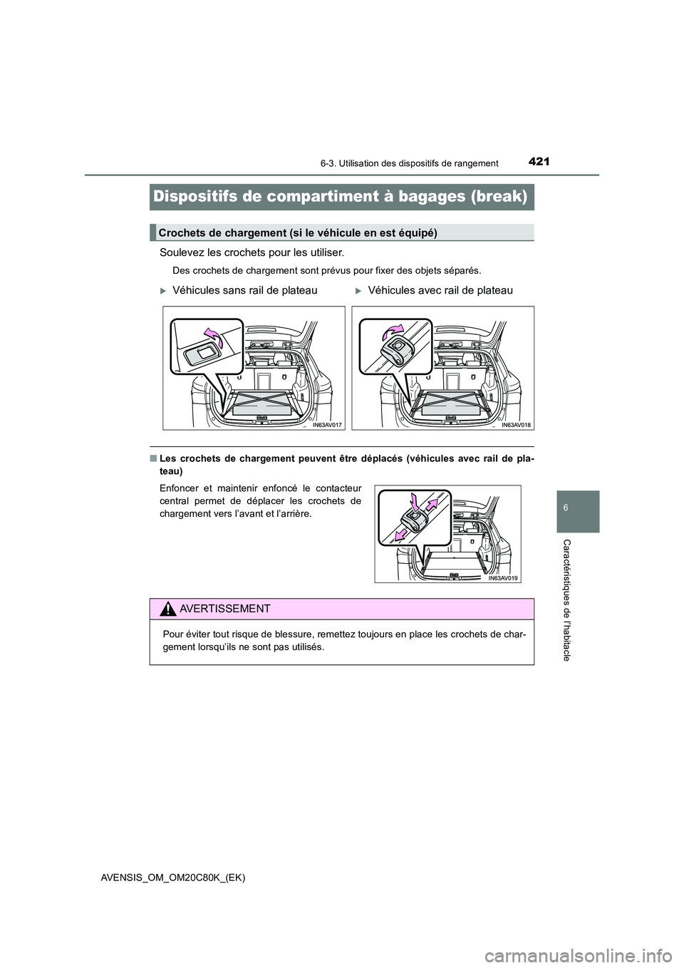 TOYOTA AVENSIS 2018  Manuel du propriétaire (in French) 4216-3. Utilisation des dispositifs de rangement
AVENSIS_OM_OM20C80K_(EK)
6
Caractéristiques de l’habitacle
Dispositifs de compartiment à bagages (break)
Soulevez les crochets pour les utiliser.
D