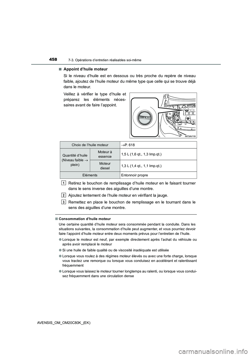 TOYOTA AVENSIS 2018 Manuel du propriétaire (in French) 4587-3. Opérations d’entretien réalisables soi-même
AVENSIS_OM_OM20C80K_(EK)■
Appoint d’huile moteur
Si le niveau d’huile est en dessous ou très proche du repère de niveau
faible, ajoutez TOYOTA AVENSIS 2018 Manuel du propriétaire (in French) 4587-3. Opérations d’entretien réalisables soi-même
AVENSIS_OM_OM20C80K_(EK)■
Appoint d’huile moteur
Si le niveau d’huile est en dessous ou très proche du repère de niveau
faible, ajoutez