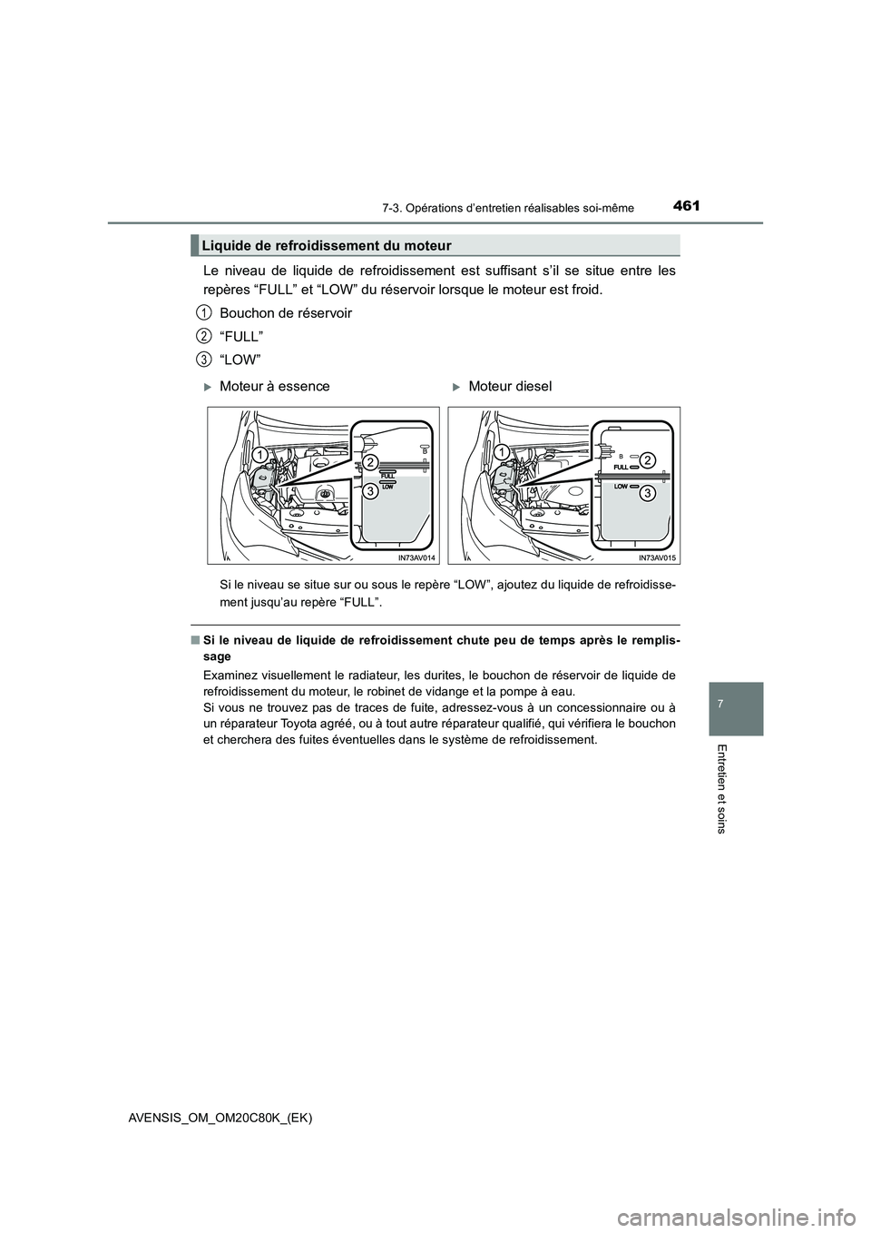 TOYOTA AVENSIS 2018  Manuel du propriétaire (in French) 4617-3. Opérations d’entretien réalisables soi-même
AVENSIS_OM_OM20C80K_(EK)
7
Entretien et soins
Le niveau de liquide de refroidissement est suffisant s’il se situe entre les 
repères “FULL