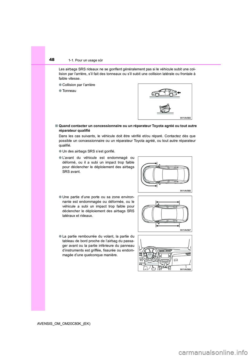 TOYOTA AVENSIS 2018  Manuel du propriétaire (in French) 481-1. Pour un usage sûr
AVENSIS_OM_OM20C80K_(EK) 
Les airbags SRS rideaux ne se gonflent généralement pas si le véhicule subit une col- 
lision par l’arrière, s’il fait des tonneaux ou s’i