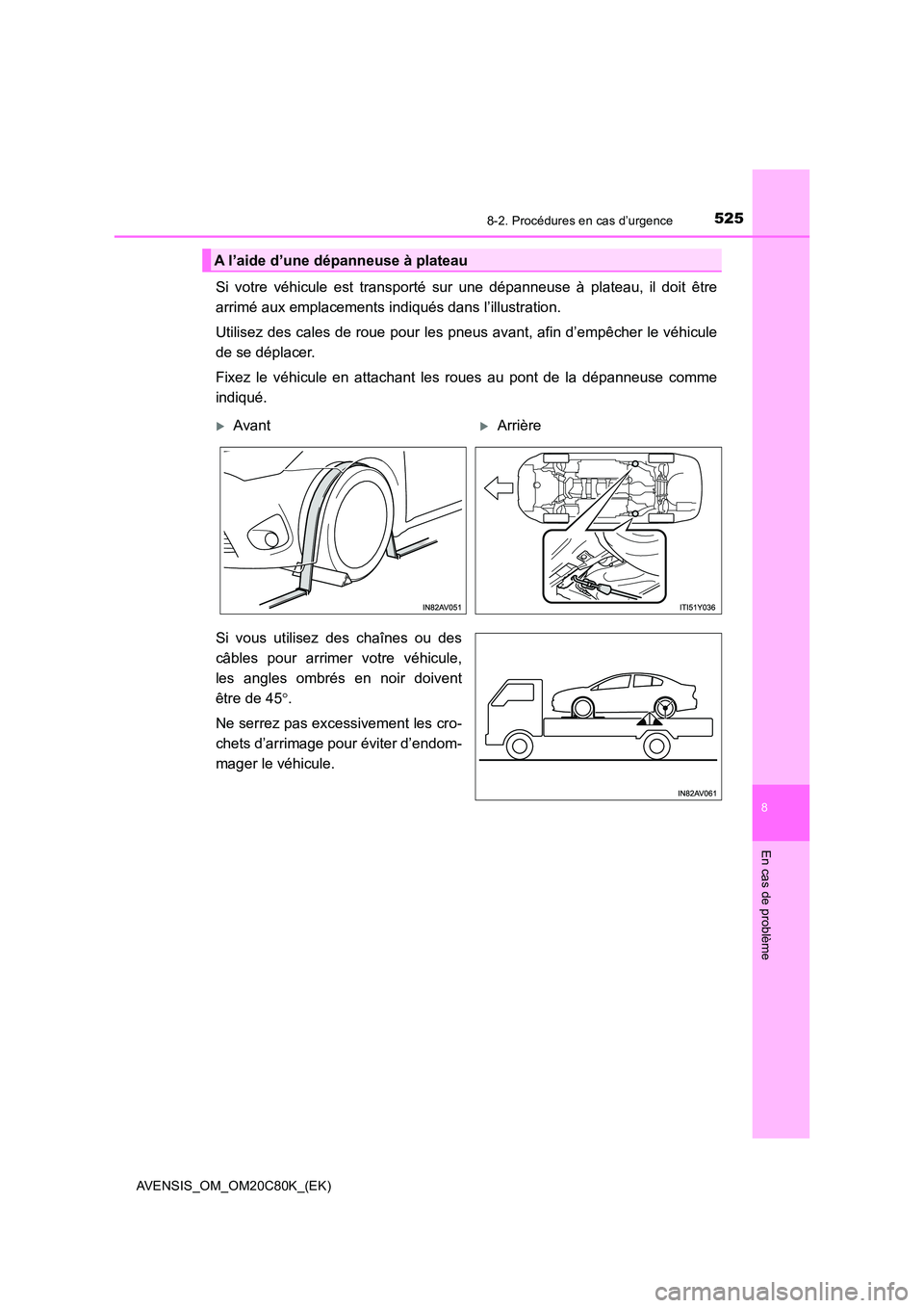 TOYOTA AVENSIS 2018 Manuel du propriétaire (in French) 5258-2. Procédures en cas d’urgence
AVENSIS_OM_OM20C80K_(EK)
8
En cas de problème
Si votre véhicule est transporté sur une dépanneuse à plateau, il doit être
arrimé aux emplacements indiqu TOYOTA AVENSIS 2018 Manuel du propriétaire (in French) 5258-2. Procédures en cas d’urgence
AVENSIS_OM_OM20C80K_(EK)
8
En cas de problème
Si votre véhicule est transporté sur une dépanneuse à plateau, il doit être
arrimé aux emplacements indiqu