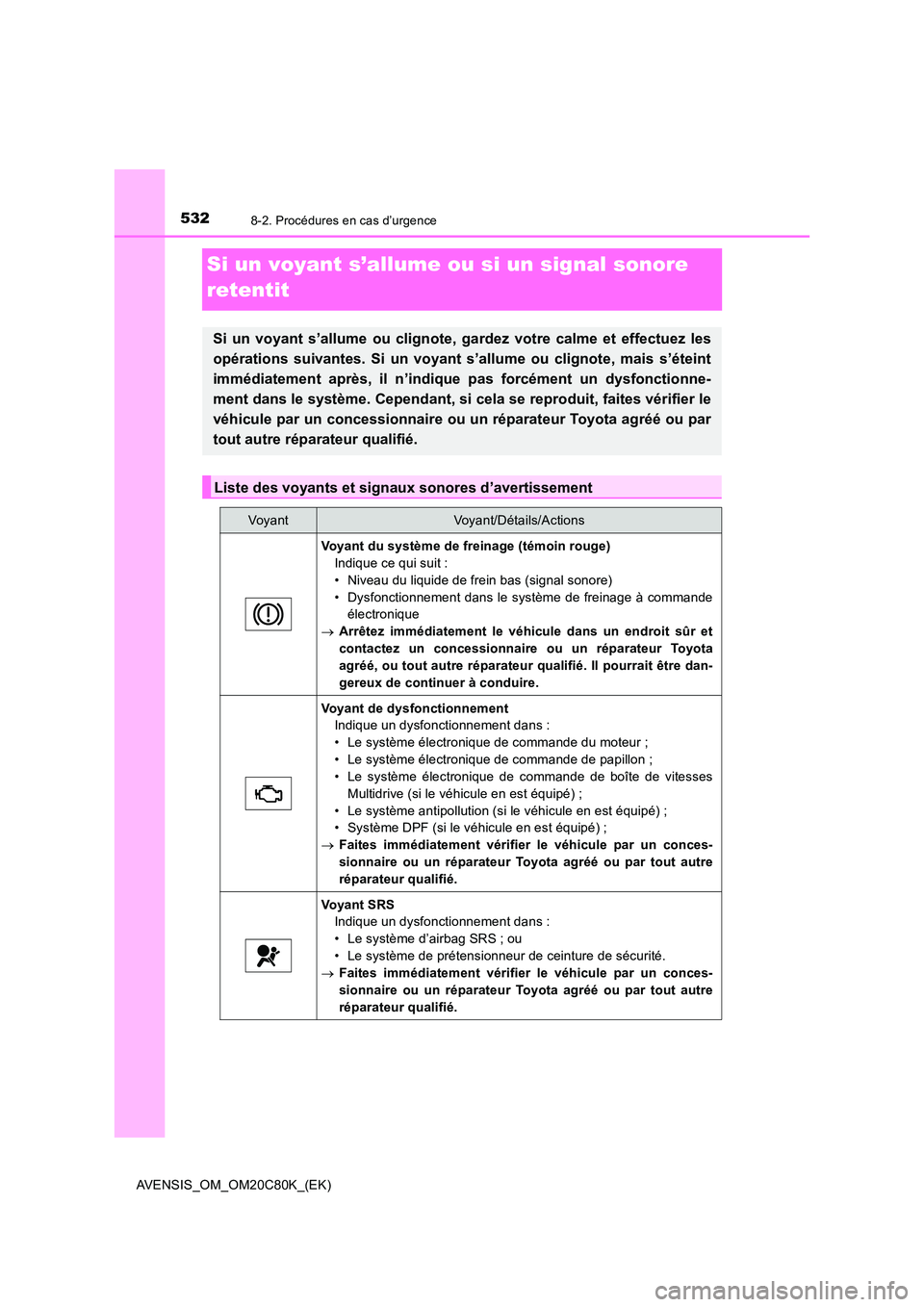 TOYOTA AVENSIS 2018 Manuel du propriétaire (in French) 5328-2. Procédures en cas d’urgence
AVENSIS_OM_OM20C80K_(EK)
Si un voyant s’allume ou si un signal sonore
retentit
Si un voyant s’allume ou clignote, ga rdez votre calme et effectuez les
op TOYOTA AVENSIS 2018 Manuel du propriétaire (in French) 5328-2. Procédures en cas d’urgence
AVENSIS_OM_OM20C80K_(EK)
Si un voyant s’allume ou si un signal sonore
retentit
Si un voyant s’allume ou clignote, ga rdez votre calme et effectuez les
op
