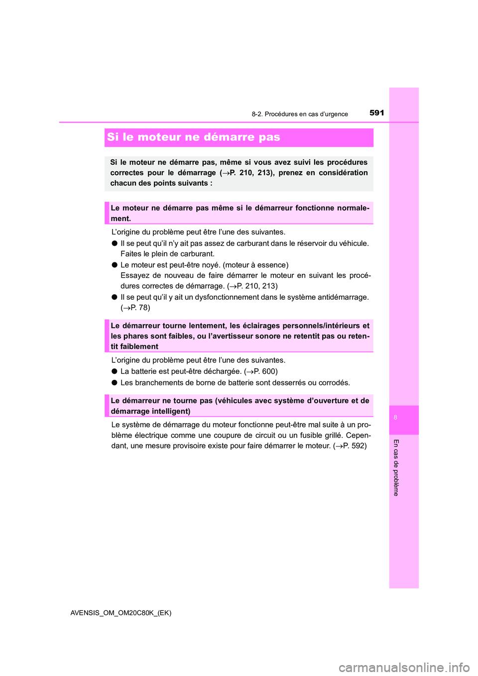 TOYOTA AVENSIS 2018  Manuel du propriétaire (in French) 5918-2. Procédures en cas d’urgence
AVENSIS_OM_OM20C80K_(EK)
8
En cas de problème
Si le moteur ne démarre pas
L’origine du problème peut être l’une des suivantes. 
● Il se peut qu’il n