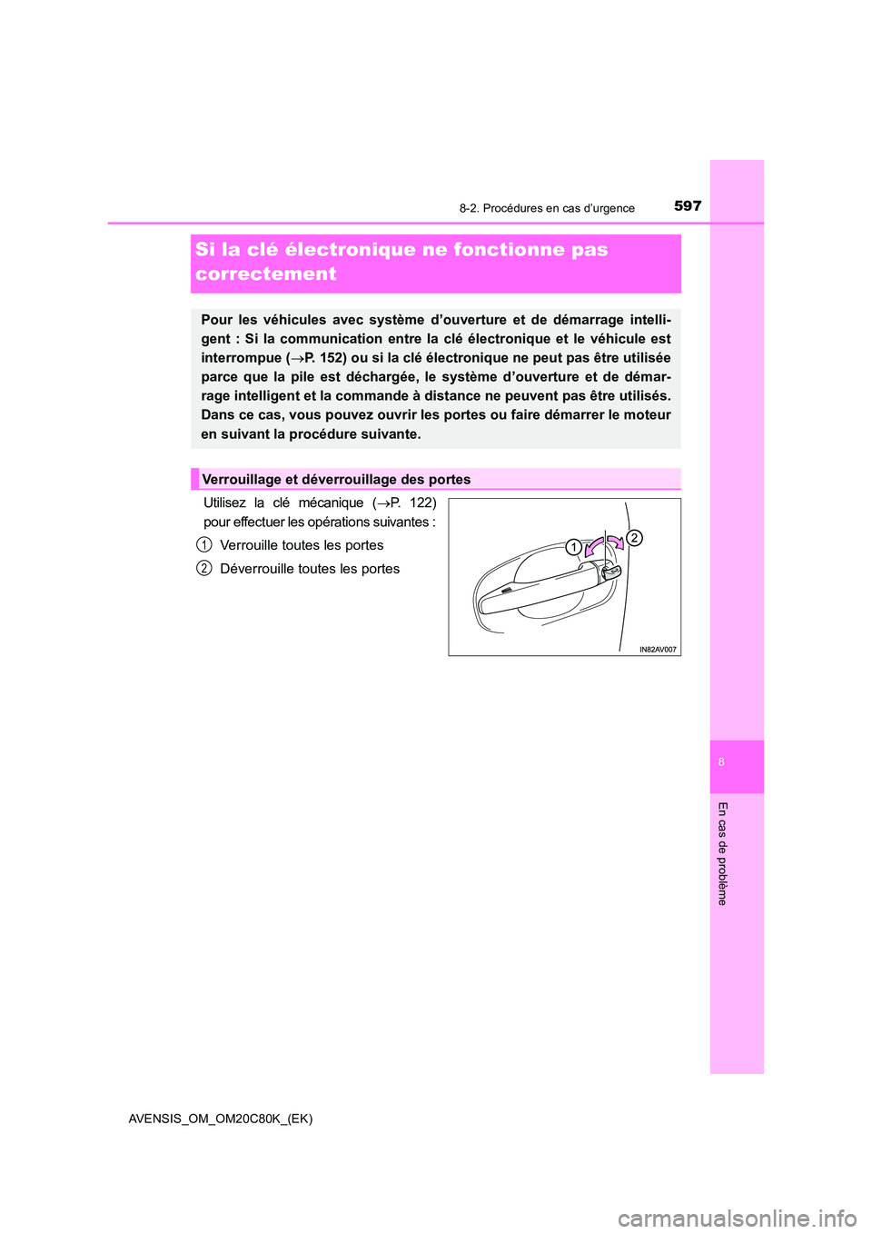 TOYOTA AVENSIS 2018  Manuel du propriétaire (in French) 5978-2. Procédures en cas d’urgence
AVENSIS_OM_OM20C80K_(EK)
8
En cas de problème
Si la clé électronique ne fonctionne pas  
correctement
Utilisez la clé mécanique ( P. 122) 
pour effectuer