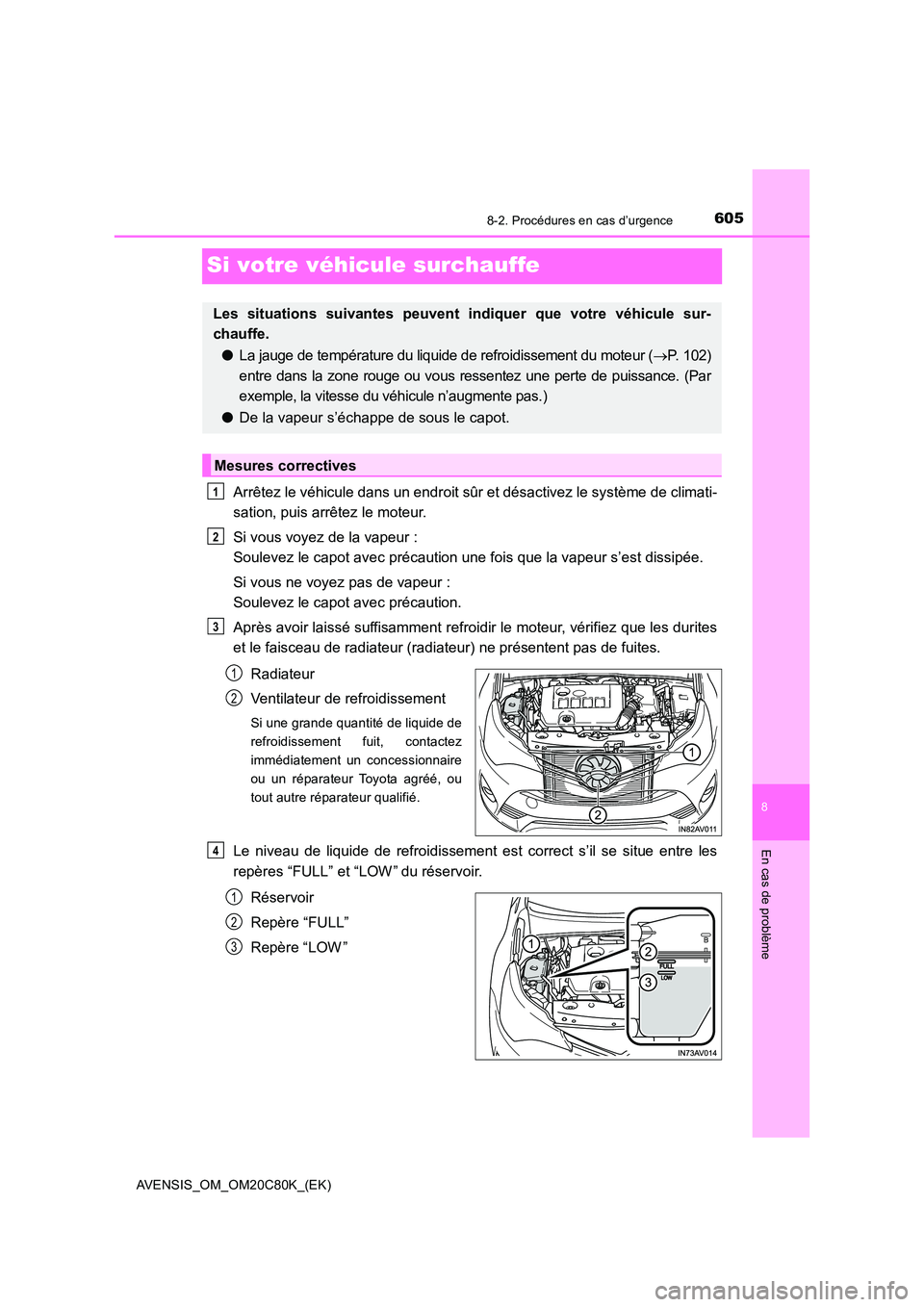 TOYOTA AVENSIS 2018  Manuel du propriétaire (in French) 6058-2. Procédures en cas d’urgence
AVENSIS_OM_OM20C80K_(EK)
8
En cas de problème
Si votre véhicule surchauffe
Arrêtez le véhicule dans un endroit sûr et désactivez le système de climati- 
s