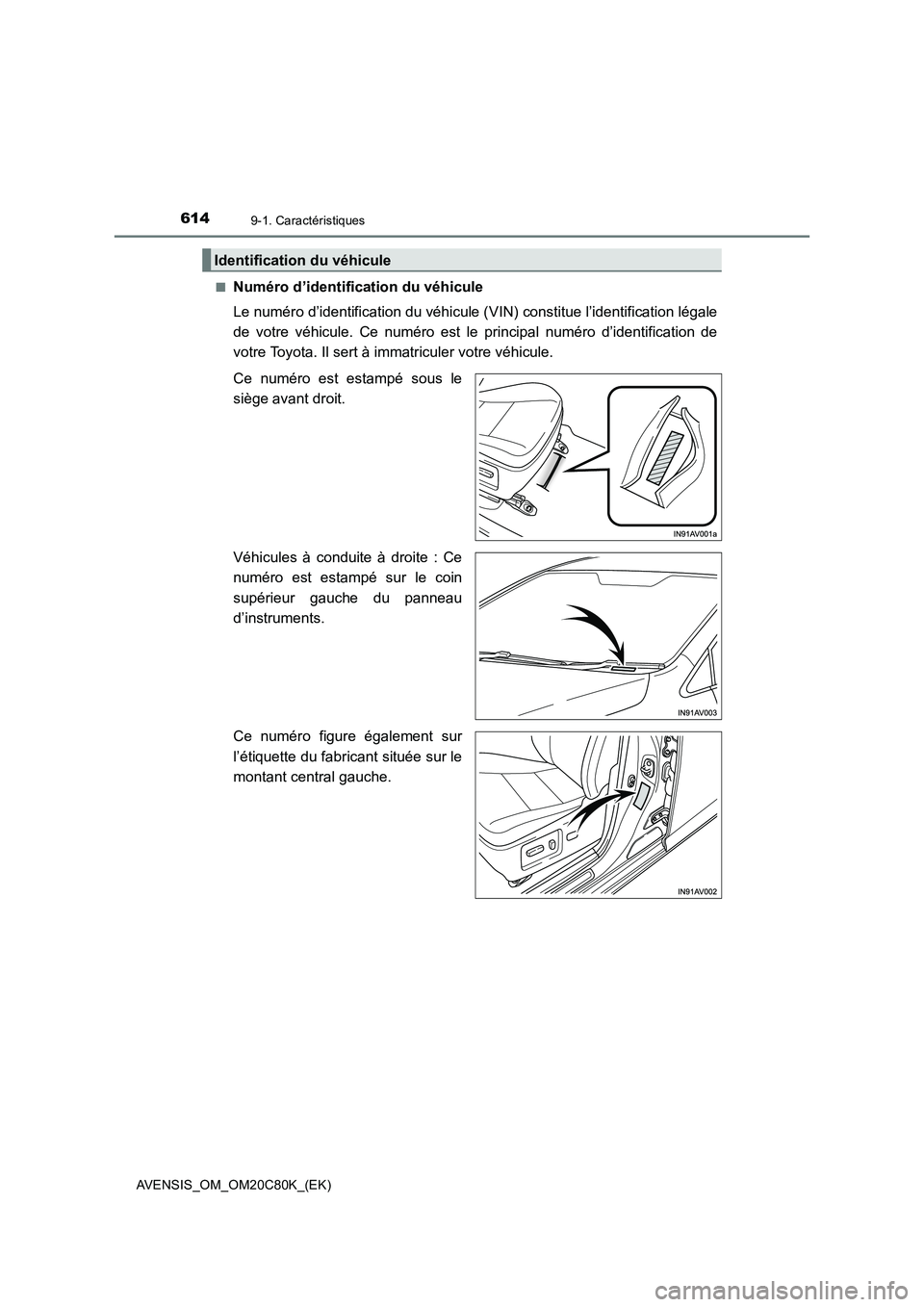 TOYOTA AVENSIS 2018 Manuel du propriétaire (in French) 6149-1. Caractéristiques
AVENSIS_OM_OM20C80K_(EK)■
Numéro d’identification du véhicule
Le numéro d’identification du véhicule (VIN) constitue l’identification légale
de votre véhicule. TOYOTA AVENSIS 2018 Manuel du propriétaire (in French) 6149-1. Caractéristiques
AVENSIS_OM_OM20C80K_(EK)■
Numéro d’identification du véhicule
Le numéro d’identification du véhicule (VIN) constitue l’identification légale
de votre véhicule.