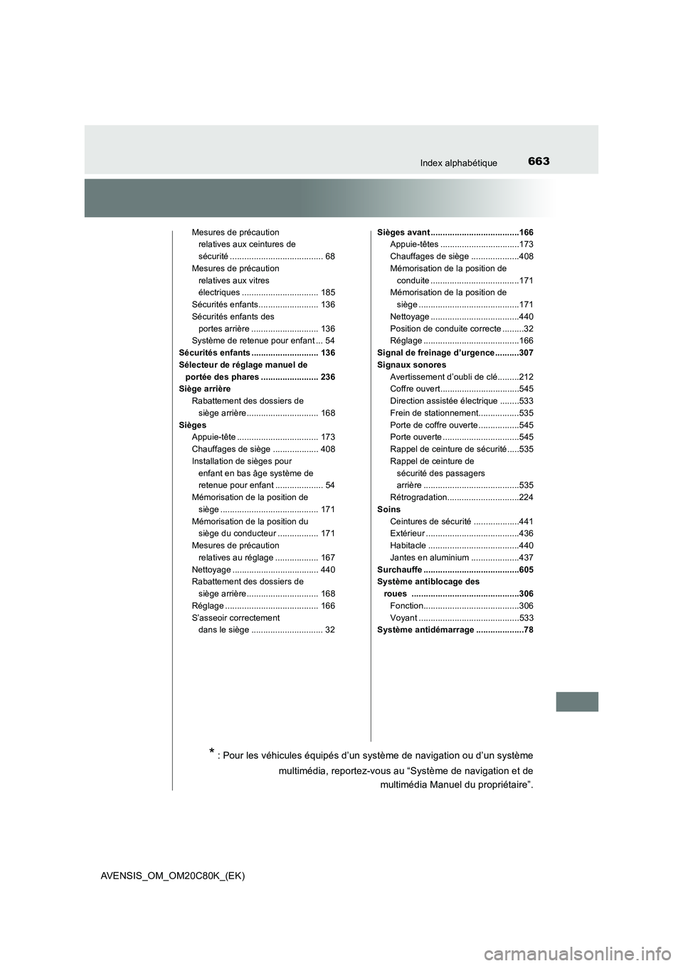 TOYOTA AVENSIS 2018 Manuel du propriétaire (in French) 663Index alphabétique
AVENSIS_OM_OM20C80K_(EK)
Mesures de précaution
relatives aux ceintures de
sécurité ....................................... 68
Mesures de précaution
relatives aux vitres
TOYOTA AVENSIS 2018 Manuel du propriétaire (in French) 663Index alphabétique
AVENSIS_OM_OM20C80K_(EK)
Mesures de précaution
relatives aux ceintures de
sécurité ....................................... 68
Mesures de précaution
relatives aux vitres