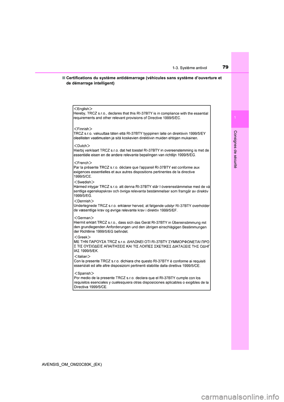 TOYOTA AVENSIS 2018  Manuel du propriétaire (in French) 791-3. Système antivol
1
AVENSIS_OM_OM20C80K_(EK)
Consignes de sécurité
■Certifications du système antidémarrage (véhicules sans système d’ouverture et 
de démarrage intelligent) 