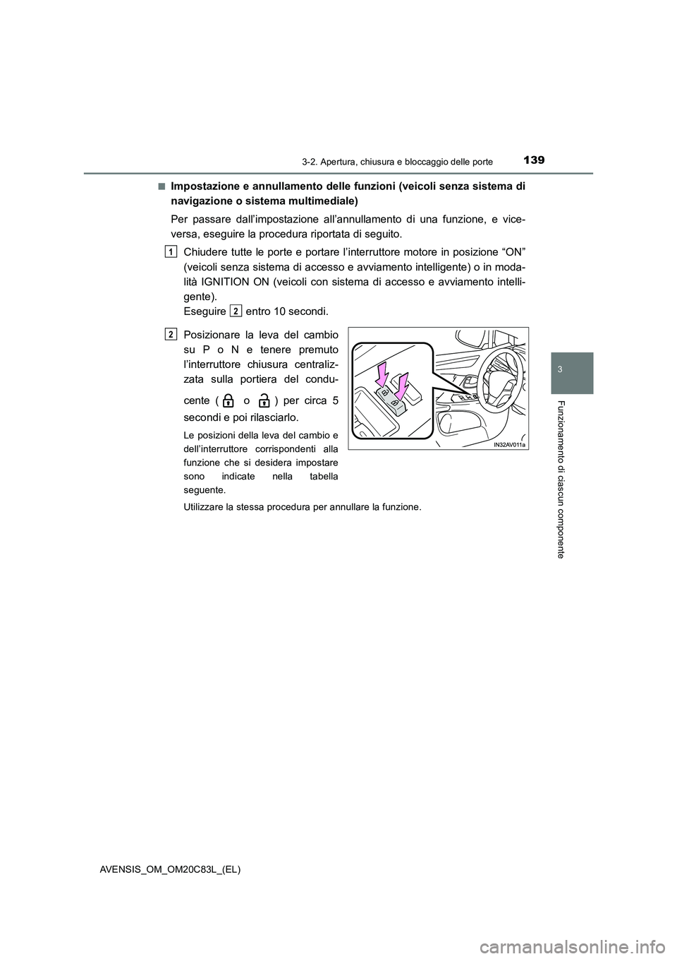 TOYOTA AVENSIS 2018 Manuale duso (in Italian) 1393-2. Apertura, chiusura e bloccaggio delle porte
3
Funzionamento di ciascun componente
AVENSIS_OM_OM20C83L_(EL)■
Impostazione e annullamento delle funzioni (veicoli senza sistema di
navigazione o TOYOTA AVENSIS 2018 Manuale duso (in Italian) 1393-2. Apertura, chiusura e bloccaggio delle porte
3
Funzionamento di ciascun componente
AVENSIS_OM_OM20C83L_(EL)■
Impostazione e annullamento delle funzioni (veicoli senza sistema di
navigazione o