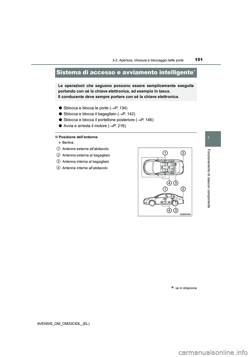 TOYOTA AVENSIS 2018 Manuale duso (in Italian) 151
3
3-2. Apertura, chiusura e bloccaggio delle porte
Funzionamento di ciascun componente
AVENSIS_OM_OM20C83L_(EL)
Sistema di accesso e avviamento intelligente
●Sblocca e blocca le porte (P. TOYOTA AVENSIS 2018 Manuale duso (in Italian) 151
3
3-2. Apertura, chiusura e bloccaggio delle porte
Funzionamento di ciascun componente
AVENSIS_OM_OM20C83L_(EL)
Sistema di accesso e avviamento intelligente
●Sblocca e blocca le porte (P.