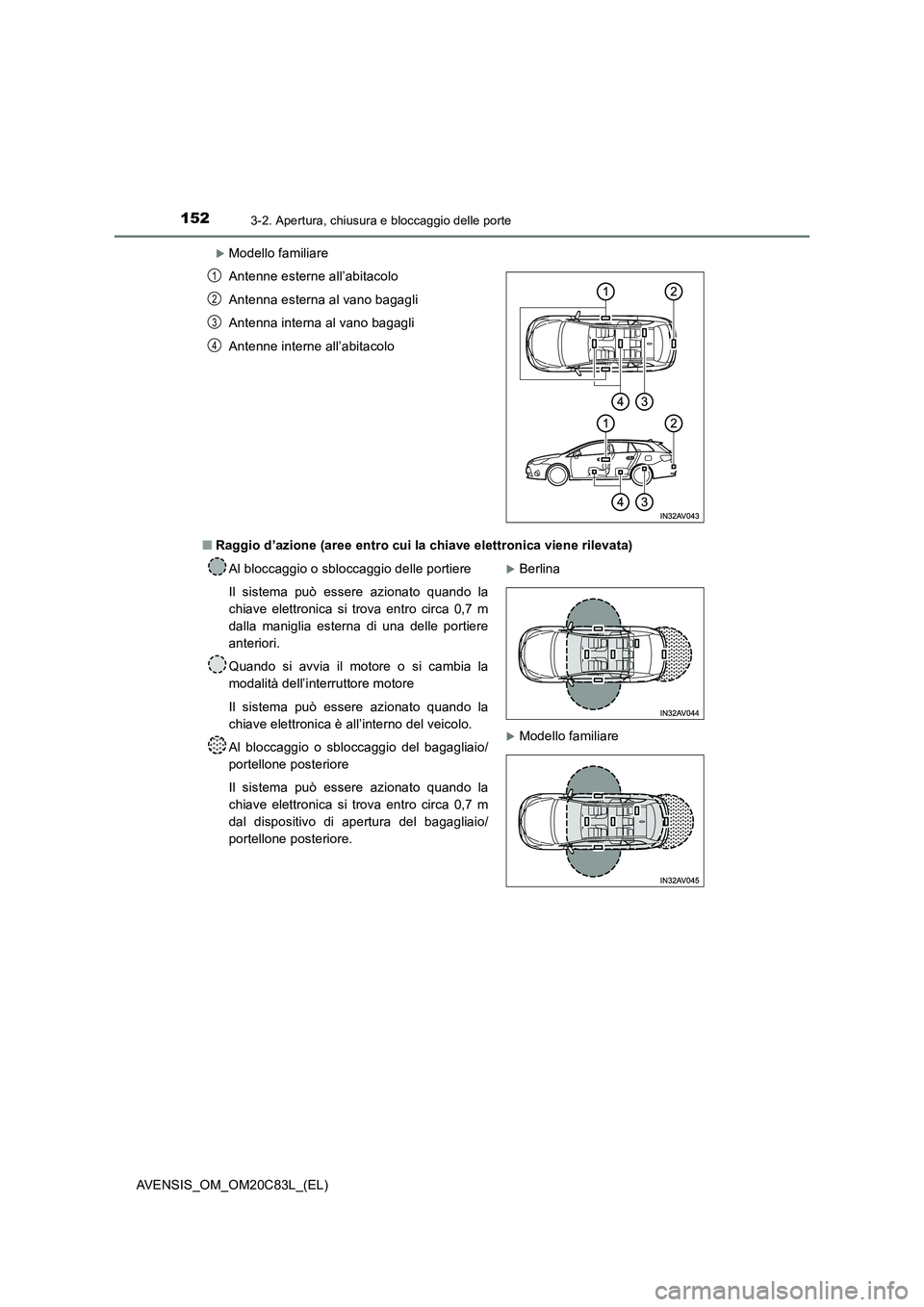 TOYOTA AVENSIS 2018 Manuale duso (in Italian) 1523-2. Apertura, chiusura e bloccaggio delle porte
AVENSIS_OM_OM20C83L_(EL)
Modello familiare
■ Raggio d’azione (aree entro cui la chiave elettronica viene rilevata)
Antenne esterne all’ab TOYOTA AVENSIS 2018 Manuale duso (in Italian) 1523-2. Apertura, chiusura e bloccaggio delle porte
AVENSIS_OM_OM20C83L_(EL)
Modello familiare
■ Raggio d’azione (aree entro cui la chiave elettronica viene rilevata)
Antenne esterne all’ab