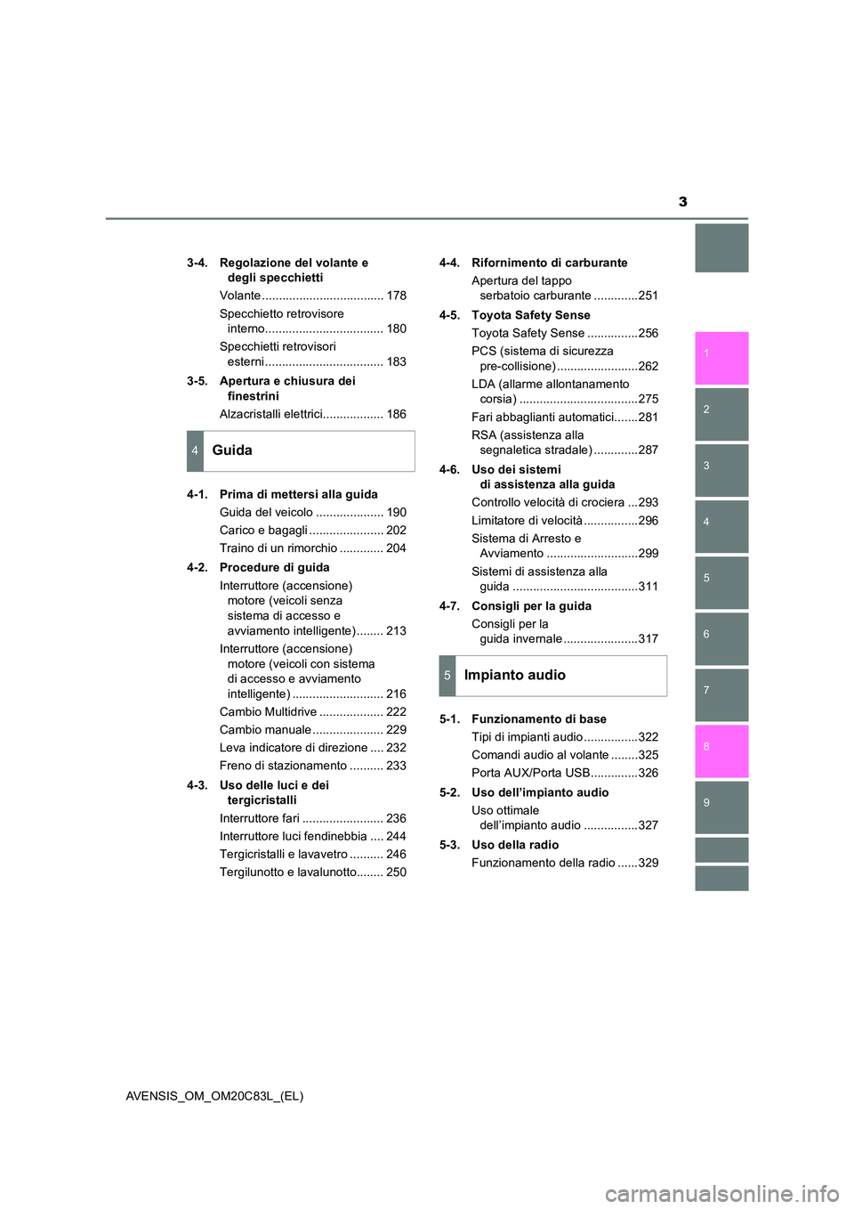 TOYOTA AVENSIS 2018  Manuale duso (in Italian) 3
1 
8 
6 
5
4
3
2
AVENSIS_OM_OM20C83L_(EL)
9
7
3-4. Regolazione del volante e  
degli specchietti 
Volante .................................... 178 
Specchietto retrovisore  
interno.................