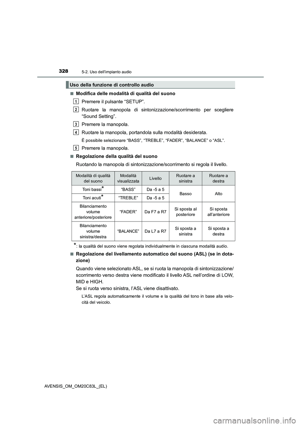TOYOTA AVENSIS 2018 Manuale duso (in Italian) 3285-2. Uso dell’impianto audio
AVENSIS_OM_OM20C83L_(EL)■
Modifica delle modalità di qualità del suono
Premere il pulsante “SETUP”.
Ruotare la manopola di sintonizzazione/scorrimento per sce TOYOTA AVENSIS 2018 Manuale duso (in Italian) 3285-2. Uso dell’impianto audio
AVENSIS_OM_OM20C83L_(EL)■
Modifica delle modalità di qualità del suono
Premere il pulsante “SETUP”.
Ruotare la manopola di sintonizzazione/scorrimento per sce