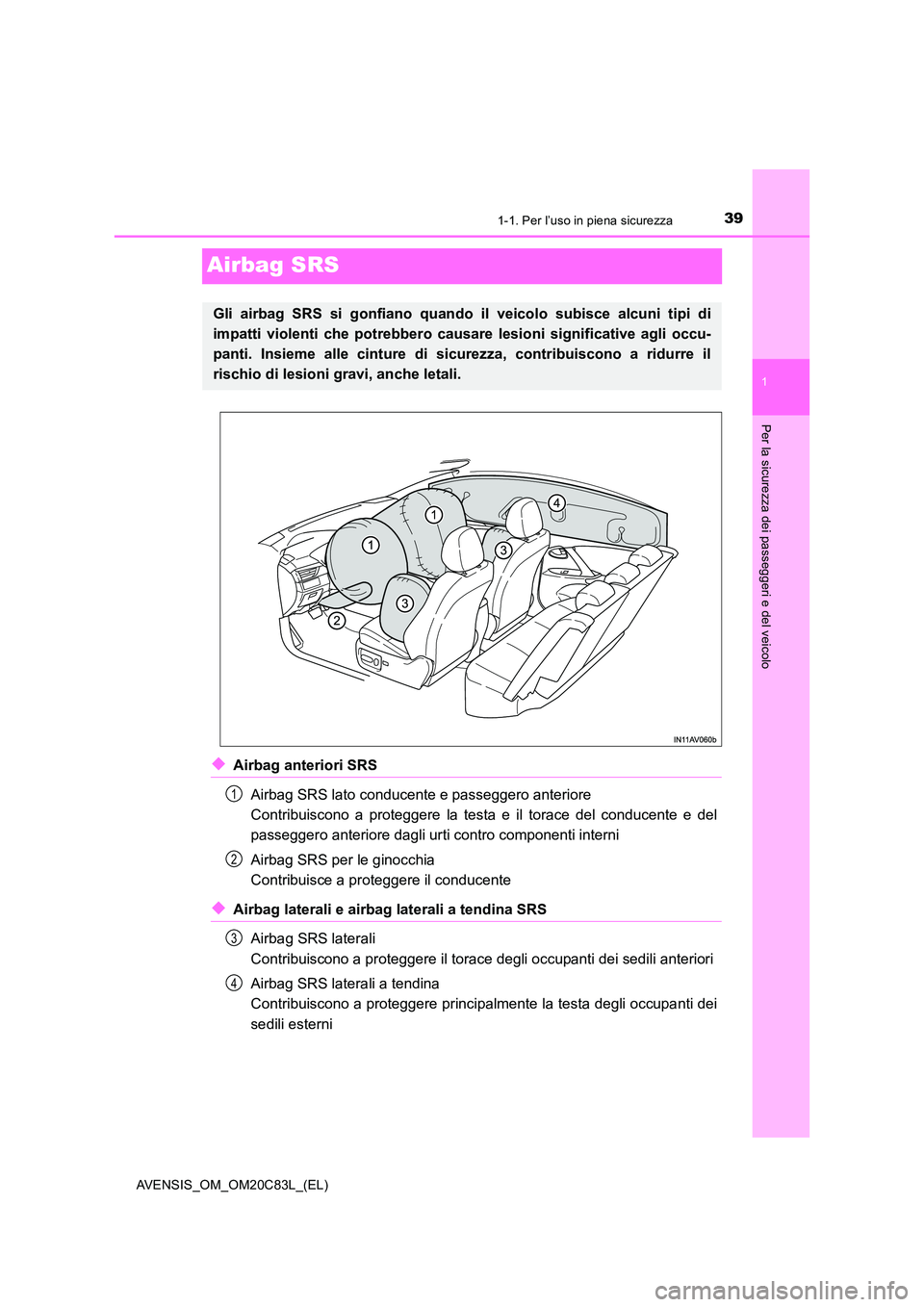 TOYOTA AVENSIS 2018 Manuale duso (in Italian) 391-1. Per l’uso in piena sicurezza
1
Per la sicurezza dei passeggeri e del veicolo
AVENSIS_OM_OM20C83L_(EL)
Airbag SRS
◆Airbag anteriori SRS
Airbag SRS lato conducente e passeggero anteriore
C TOYOTA AVENSIS 2018 Manuale duso (in Italian) 391-1. Per l’uso in piena sicurezza
1
Per la sicurezza dei passeggeri e del veicolo
AVENSIS_OM_OM20C83L_(EL)
Airbag SRS
◆Airbag anteriori SRS
Airbag SRS lato conducente e passeggero anteriore
C