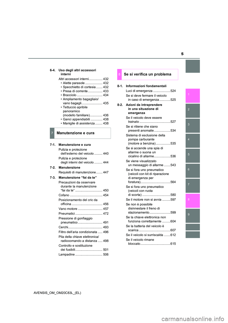 TOYOTA AVENSIS 2018  Manuale duso (in Italian) 5
1 
8 
6 
5
4
3
2
AVENSIS_OM_OM20C83L_(EL)
9
7
6-4. Uso degli altri accessori  
interni 
Altri accessori interni ............... 432 
• Alette parasole ................... 432 
• Specchietto di c