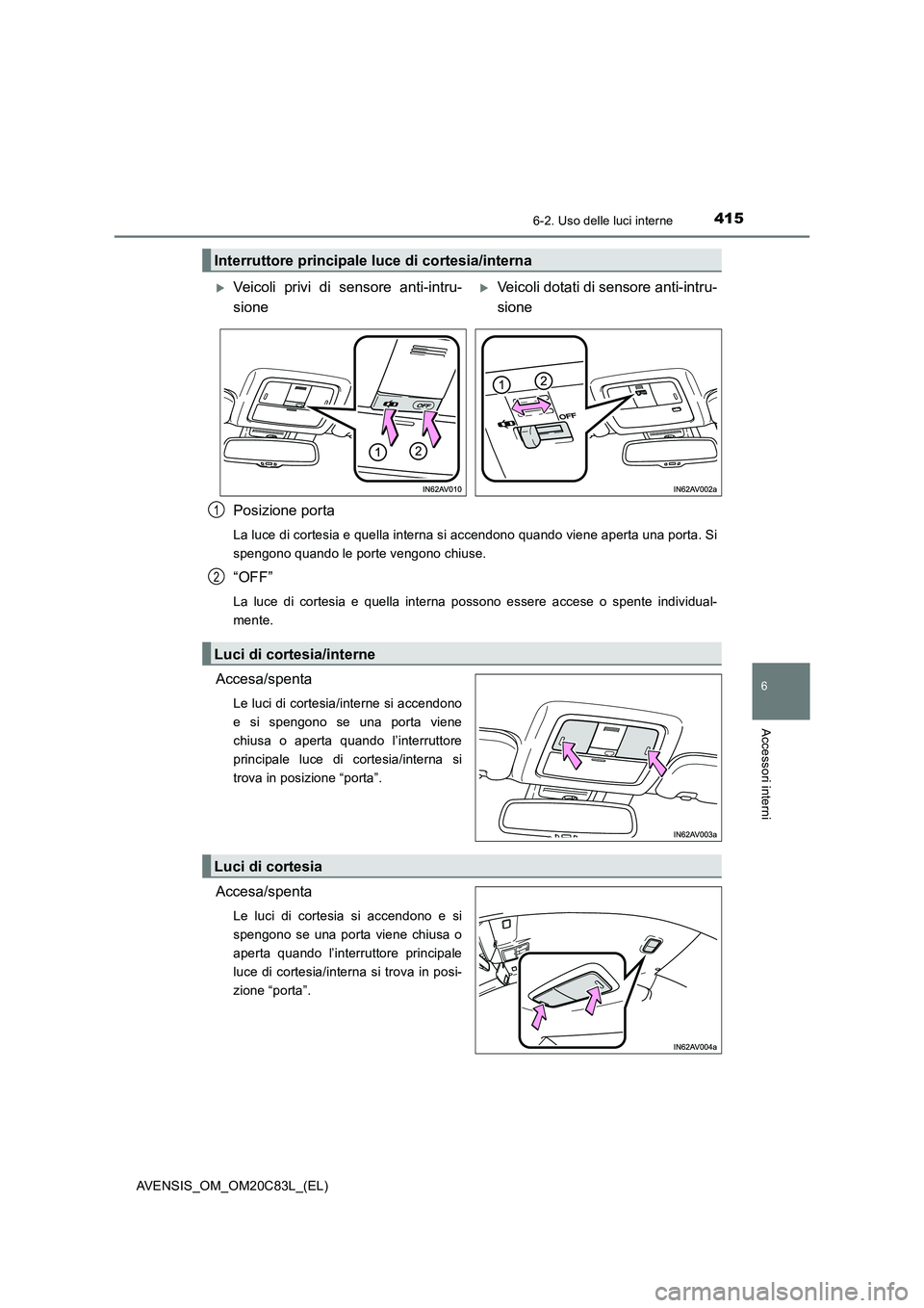 TOYOTA AVENSIS 2018 Manuale duso (in Italian) 4156-2. Uso delle luci interne
AVENSIS_OM_OM20C83L_(EL)
6
Accessori interni
Posizione porta
La luce di cortesia e quella interna si accendono quando viene aperta una porta. Si
spengono quando le porte TOYOTA AVENSIS 2018 Manuale duso (in Italian) 4156-2. Uso delle luci interne
AVENSIS_OM_OM20C83L_(EL)
6
Accessori interni
Posizione porta
La luce di cortesia e quella interna si accendono quando viene aperta una porta. Si
spengono quando le porte