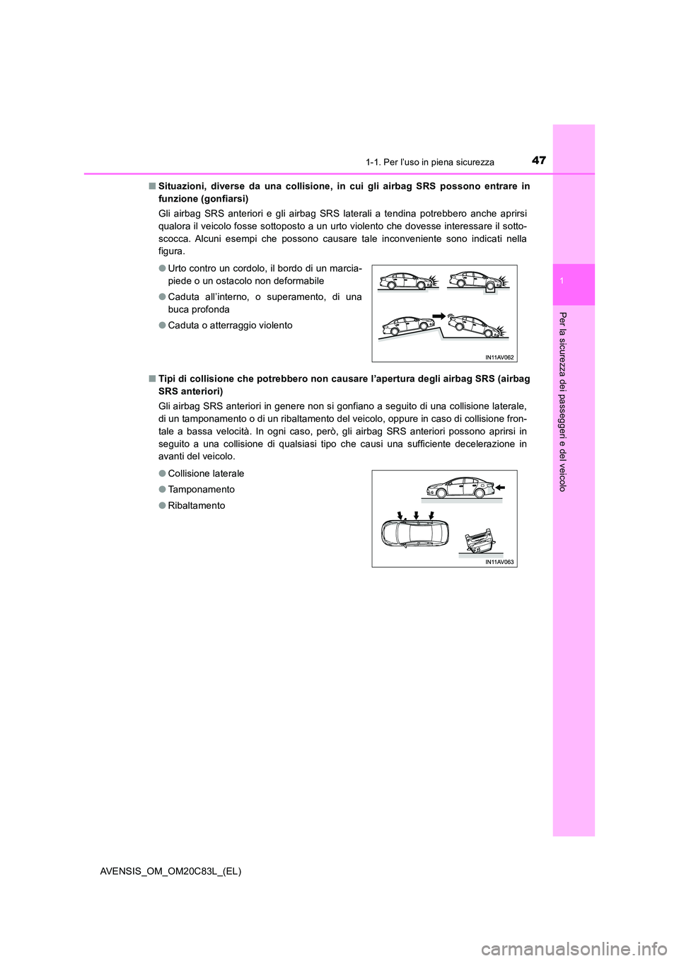 TOYOTA AVENSIS 2018  Manuale duso (in Italian) 471-1. Per l’uso in piena sicurezza
1
AVENSIS_OM_OM20C83L_(EL)
Per la sicurezza dei passeggeri e del veicolo
■Situazioni, diverse da una collisione, in cui gli airbag SRS possono entrare in 
funzi