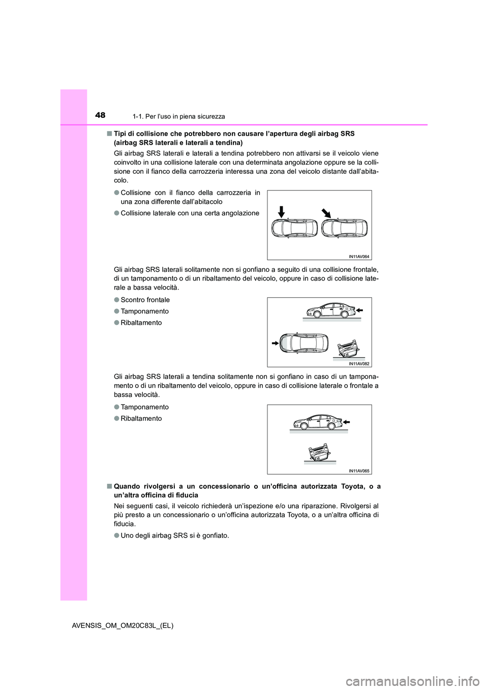 TOYOTA AVENSIS 2018  Manuale duso (in Italian) 481-1. Per l’uso in piena sicurezza
AVENSIS_OM_OM20C83L_(EL) 
■ Tipi di collisione che potrebbero non causare l’apertura degli airbag SRS  
(airbag SRS laterali e laterali a tendina) 
Gli airbag