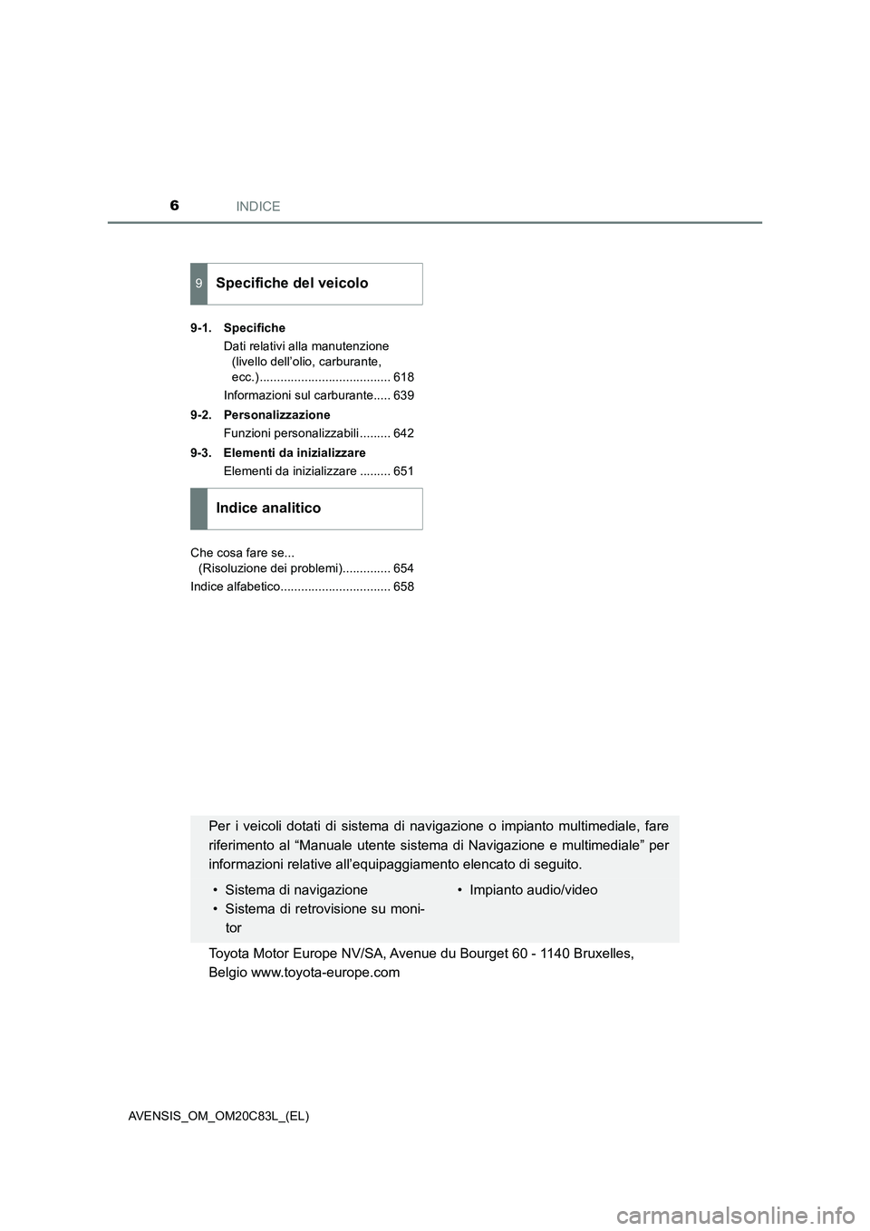 TOYOTA AVENSIS 2018  Manuale duso (in Italian) INDICE6
AVENSIS_OM_OM20C83L_(EL)9-1. Specifiche
Dati relativi alla manutenzione 
(livello dell’olio, carburante, 
ecc.) ...................................... 618
Informazioni sul carburante..... 63