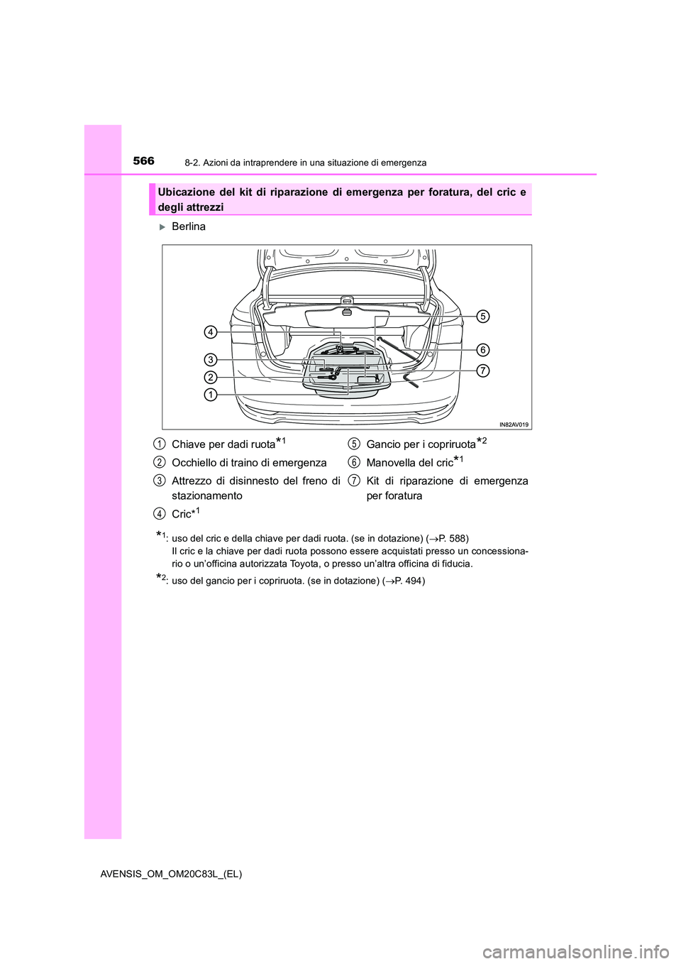 TOYOTA AVENSIS 2018 Manuale duso (in Italian) 5668-2. Azioni da intraprendere in una situazione di emergenza
AVENSIS_OM_OM20C83L_(EL)
Berlina
*1: uso del cric e della chiave per dadi ruota. (se in dotazione) (P. 588)
Il cric e la chiave pe TOYOTA AVENSIS 2018 Manuale duso (in Italian) 5668-2. Azioni da intraprendere in una situazione di emergenza
AVENSIS_OM_OM20C83L_(EL)
Berlina
*1: uso del cric e della chiave per dadi ruota. (se in dotazione) (P. 588)
Il cric e la chiave pe