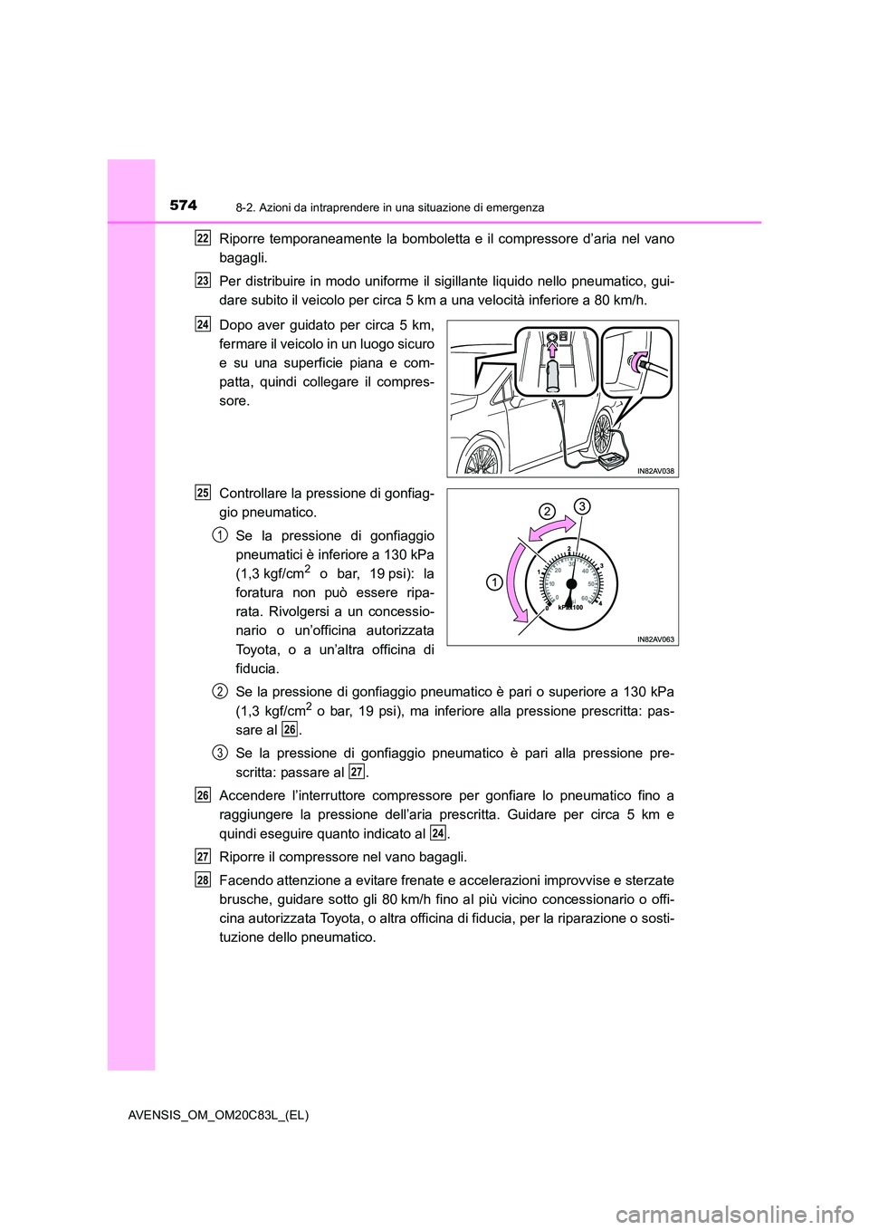 TOYOTA AVENSIS 2018 Manuale duso (in Italian) 5748-2. Azioni da intraprendere in una situazione di emergenza
AVENSIS_OM_OM20C83L_(EL)
Riporre temporaneamente la bomboletta e il compressore d’aria nel vano
bagagli.
Per distribuire in modo unif TOYOTA AVENSIS 2018 Manuale duso (in Italian) 5748-2. Azioni da intraprendere in una situazione di emergenza
AVENSIS_OM_OM20C83L_(EL)
Riporre temporaneamente la bomboletta e il compressore d’aria nel vano
bagagli.
Per distribuire in modo unif
