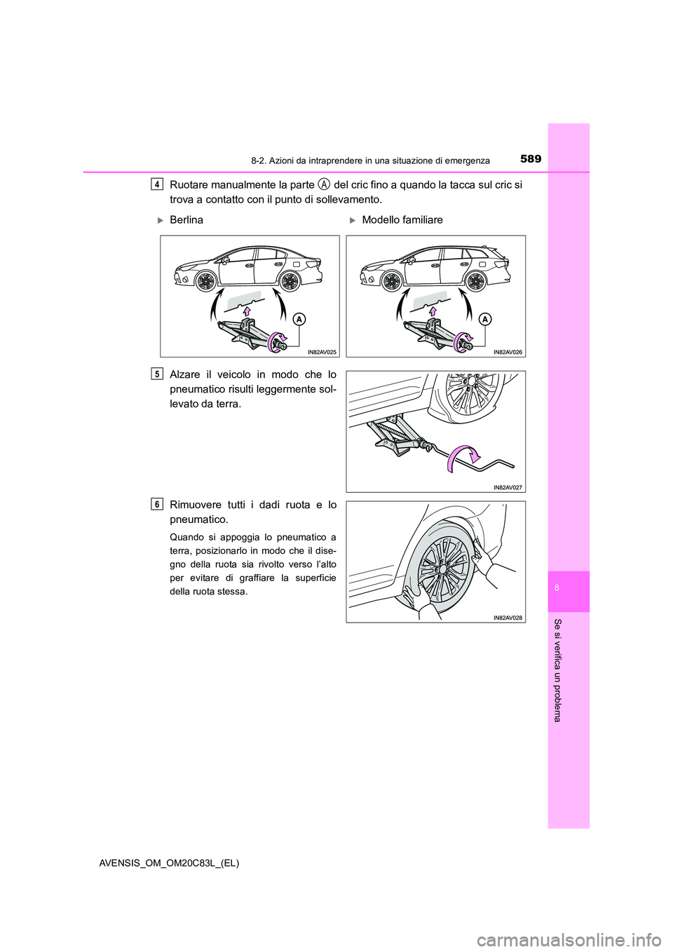 TOYOTA AVENSIS 2018  Manuale duso (in Italian) 5898-2. Azioni da intraprendere in una situazione di emergenza
AVENSIS_OM_OM20C83L_(EL)
8
Se si verifica un problema
Ruotare manualmente la parte   del cric fino a quando la tacca sul cric si 
trova a