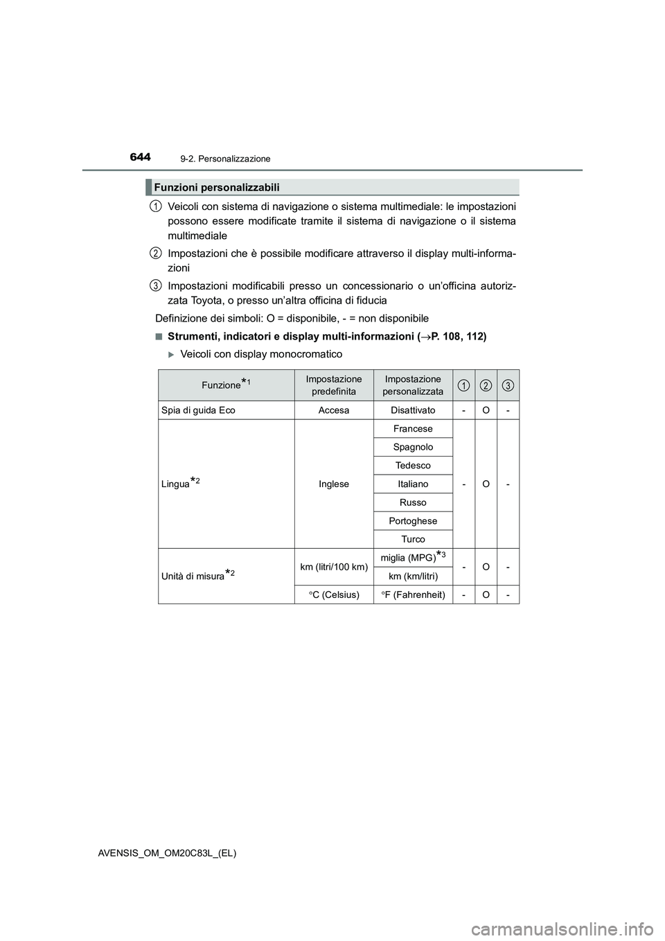 TOYOTA AVENSIS 2018  Manuale duso (in Italian) 6449-2. Personalizzazione
AVENSIS_OM_OM20C83L_(EL)
Veicoli con sistema di navigazione o sistema multimediale: le impostazioni
possono essere modificate tramite il sistema di navigazione o il sistema
m