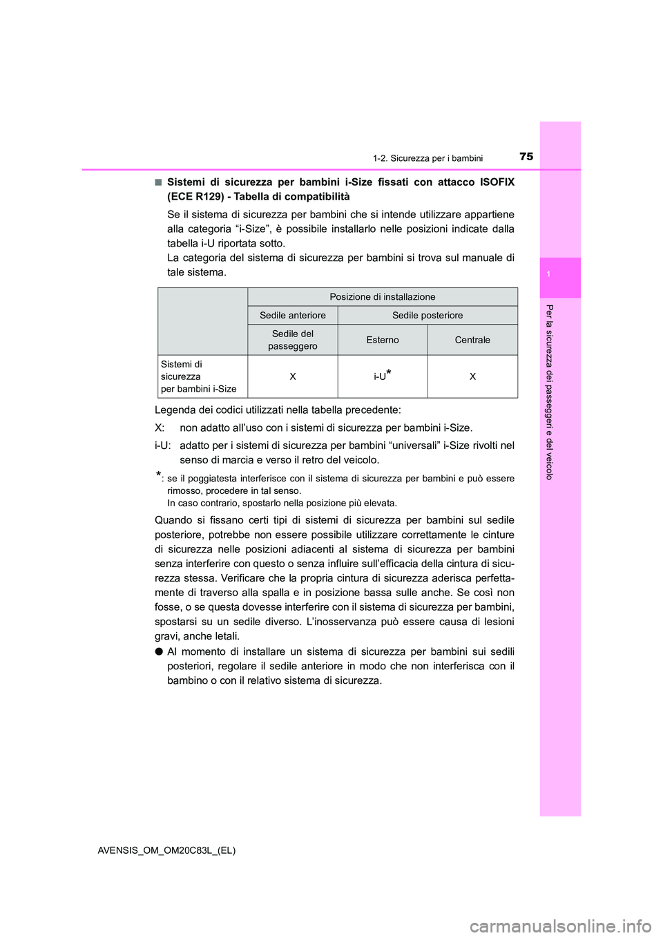 TOYOTA AVENSIS 2018  Manuale duso (in Italian) 751-2. Sicurezza per i bambini
1
AVENSIS_OM_OM20C83L_(EL)
Per la sicurezza dei passeggeri e del veicolo
■Sistemi di sicurezza per bambini i-Size fissati con attacco ISOFIX 
(ECE R129) - Tabella di c