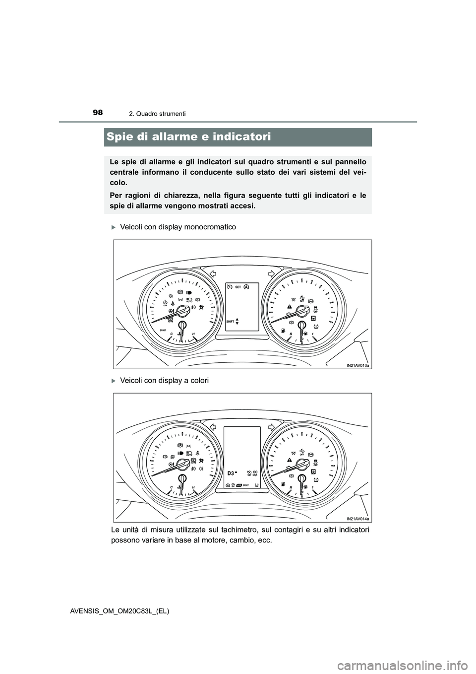 TOYOTA AVENSIS 2018 Manuale duso (in Italian) 982. Quadro strumenti
AVENSIS_OM_OM20C83L_(EL)
Spie di allarme e indicatori
Veicoli con display monocromatico
Veicoli con display a colori
Le unità di misura utilizzate sul tachimetro, sul cont TOYOTA AVENSIS 2018 Manuale duso (in Italian) 982. Quadro strumenti
AVENSIS_OM_OM20C83L_(EL)
Spie di allarme e indicatori
Veicoli con display monocromatico
Veicoli con display a colori
Le unità di misura utilizzate sul tachimetro, sul cont