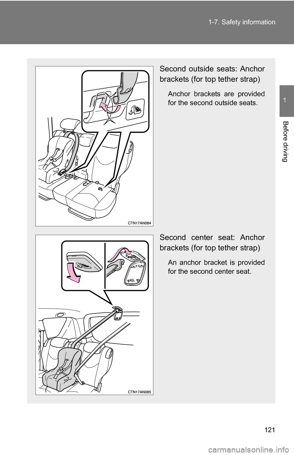 TOYOTA RAV4 2009 XA30 / 3.G Owners Manual 121
1-7. Safety information
1
Before driving
Second outside seats: Anchor
brackets (for top tether strap)
Anchor brackets are provided
for the second outside seats.
Second center seat: Anchor
brackets