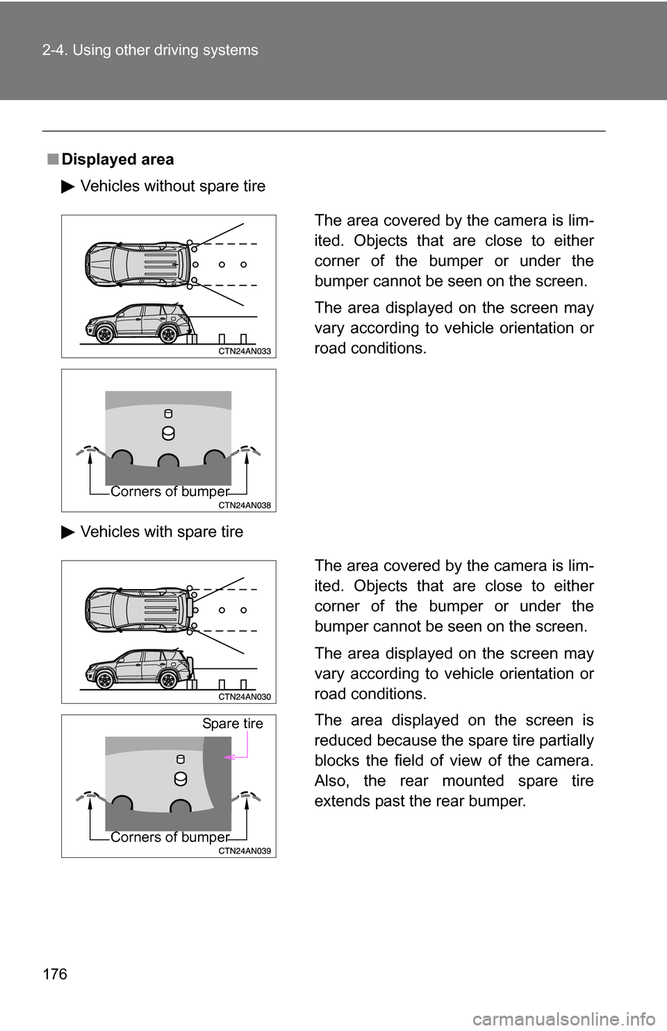 TOYOTA RAV4 2009 XA30 / 3.G Owners Manual 176 2-4. Using other driving systems
■Displayed area
Vehicles without spare tire
Vehicles with spare tire
The area covered by the camera is lim-
ited. Objects that are close to either
corner of the TOYOTA RAV4 2009 XA30 / 3.G Owners Manual 176 2-4. Using other driving systems
■Displayed area
Vehicles without spare tire
Vehicles with spare tire
The area covered by the camera is lim-
ited. Objects that are close to either
corner of the
