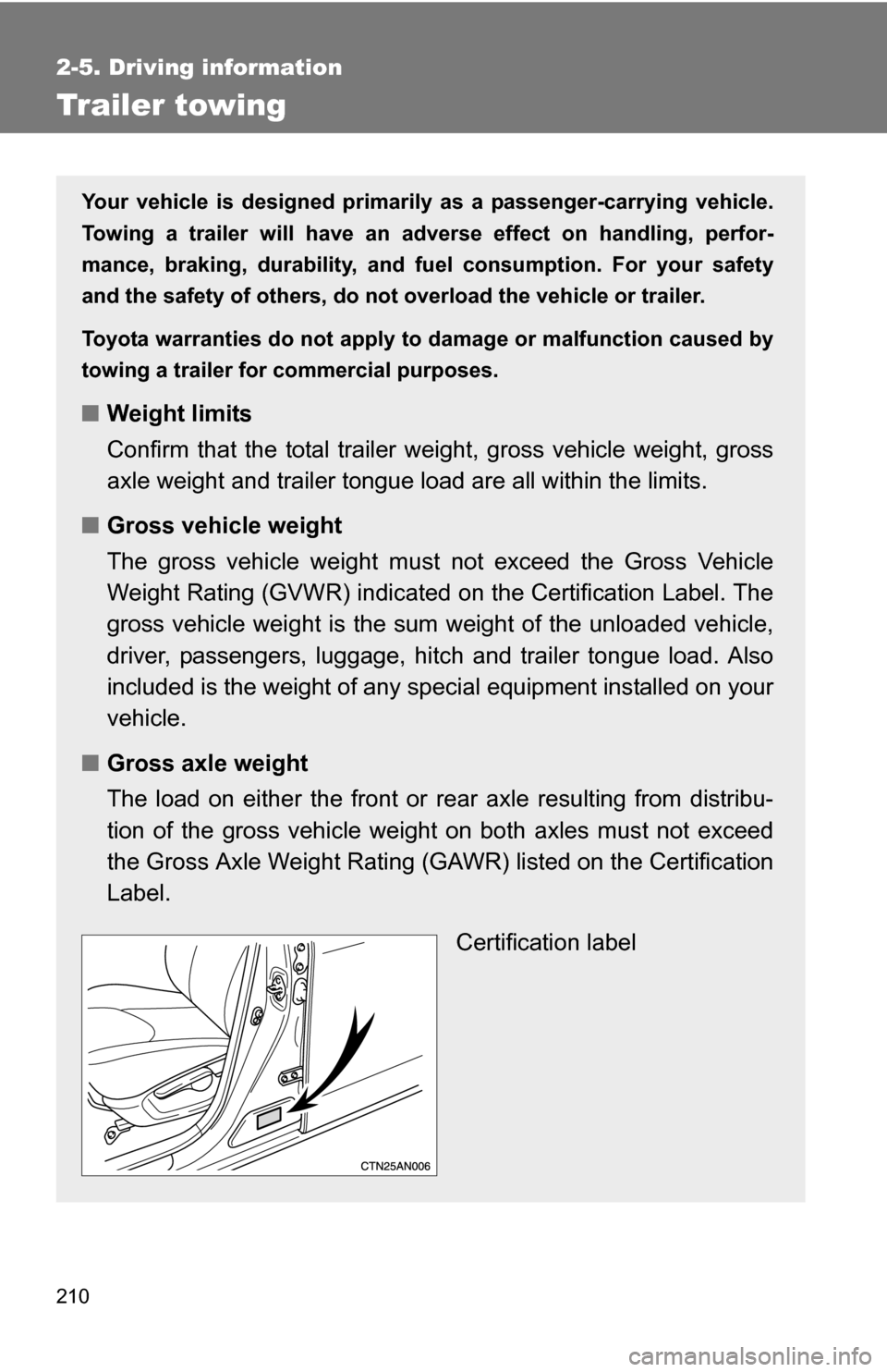 TOYOTA RAV4 2009 XA30 / 3.G Owners Manual 210
2-5. Driving information
Trailer towing
Your vehicle is designed primarily as a passenger-carrying vehicle.
Towing a trailer will have an adverse effect on handling, perfor-
mance, braking, durabi