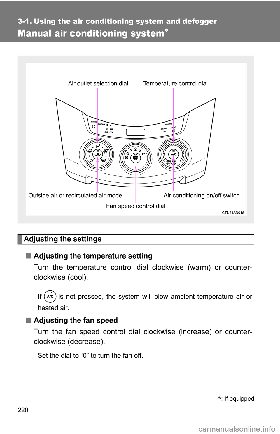 TOYOTA RAV4 2009 XA30 / 3.G Owners Manual 220
3-1. Using the air conditioning system and defogger
Manual air conditioning system
Adjusting the settings■ Adjusting the temperature setting
Turn the temperature control dial  clockwise (warm