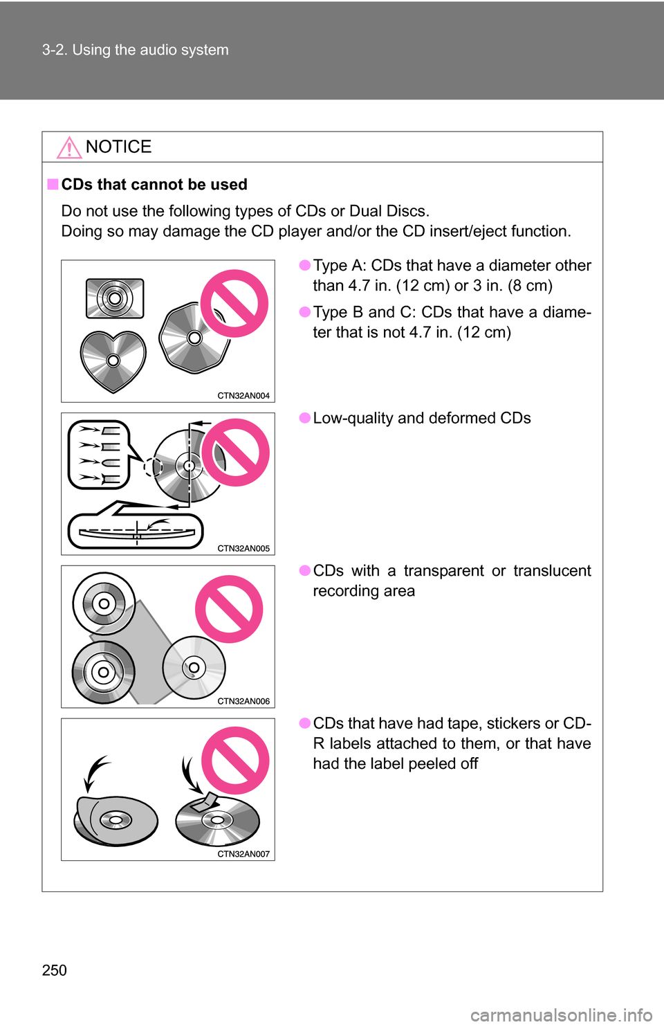 TOYOTA RAV4 2009 XA30 / 3.G Owners Manual 250 3-2. Using the audio system
NOTICE
■CDs that cannot be used
Do not use the following types of CDs or Dual Discs.
Doing so may damage the CD player and/or the CD insert/eject function.
●Type A: