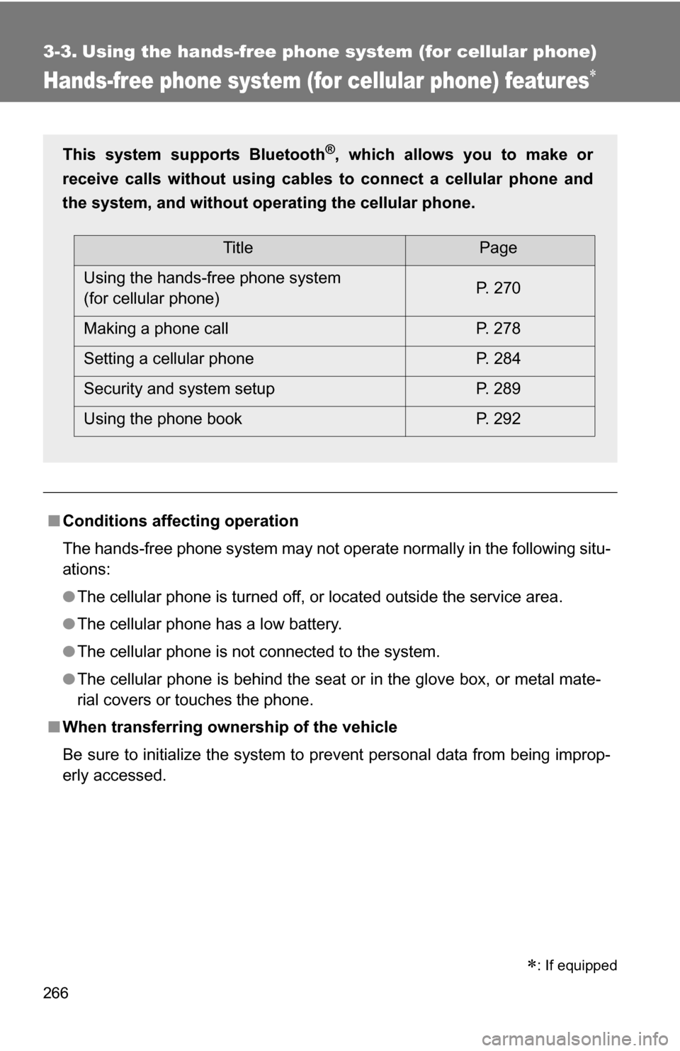 TOYOTA RAV4 2009 XA30 / 3.G Owners Manual 266
3-3. Using the hands-free phone system (for cellular phone)
Hands-free phone system (for cellular phone) features
■Conditions affecting operation
The hands-free phone system may not operate n