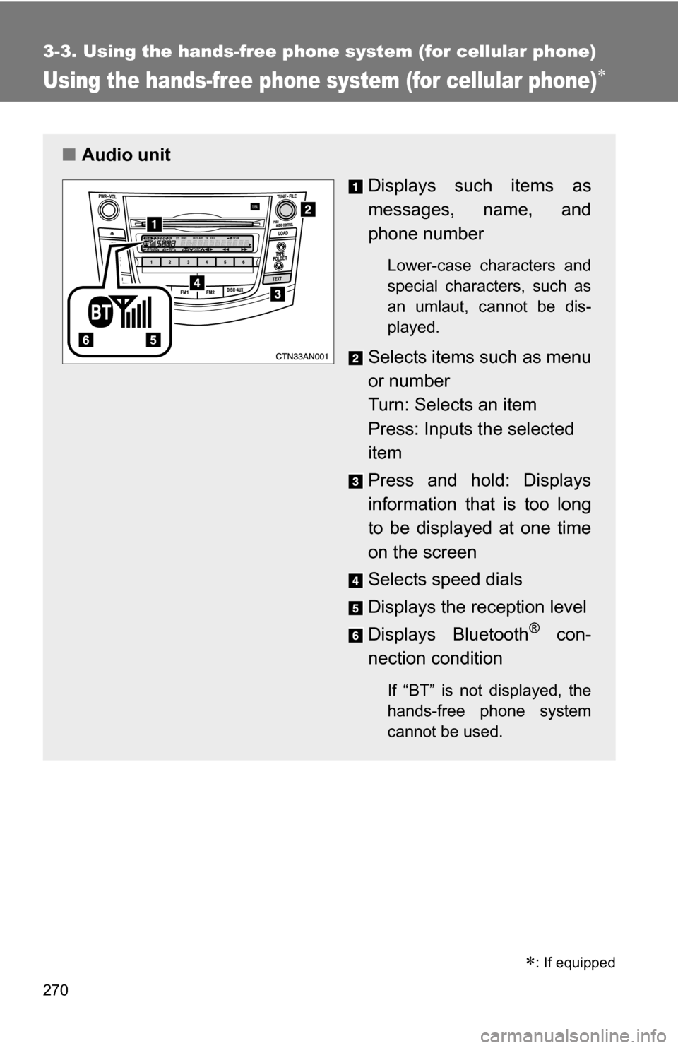 TOYOTA RAV4 2009 XA30 / 3.G Owners Manual 270
3-3. Using the hands-free phone system (for cellular phone)
Using the hands-free phone system (for cellular phone)
■Audio unit
Displays such items as
messages, name, and
phone number
Lower-ca