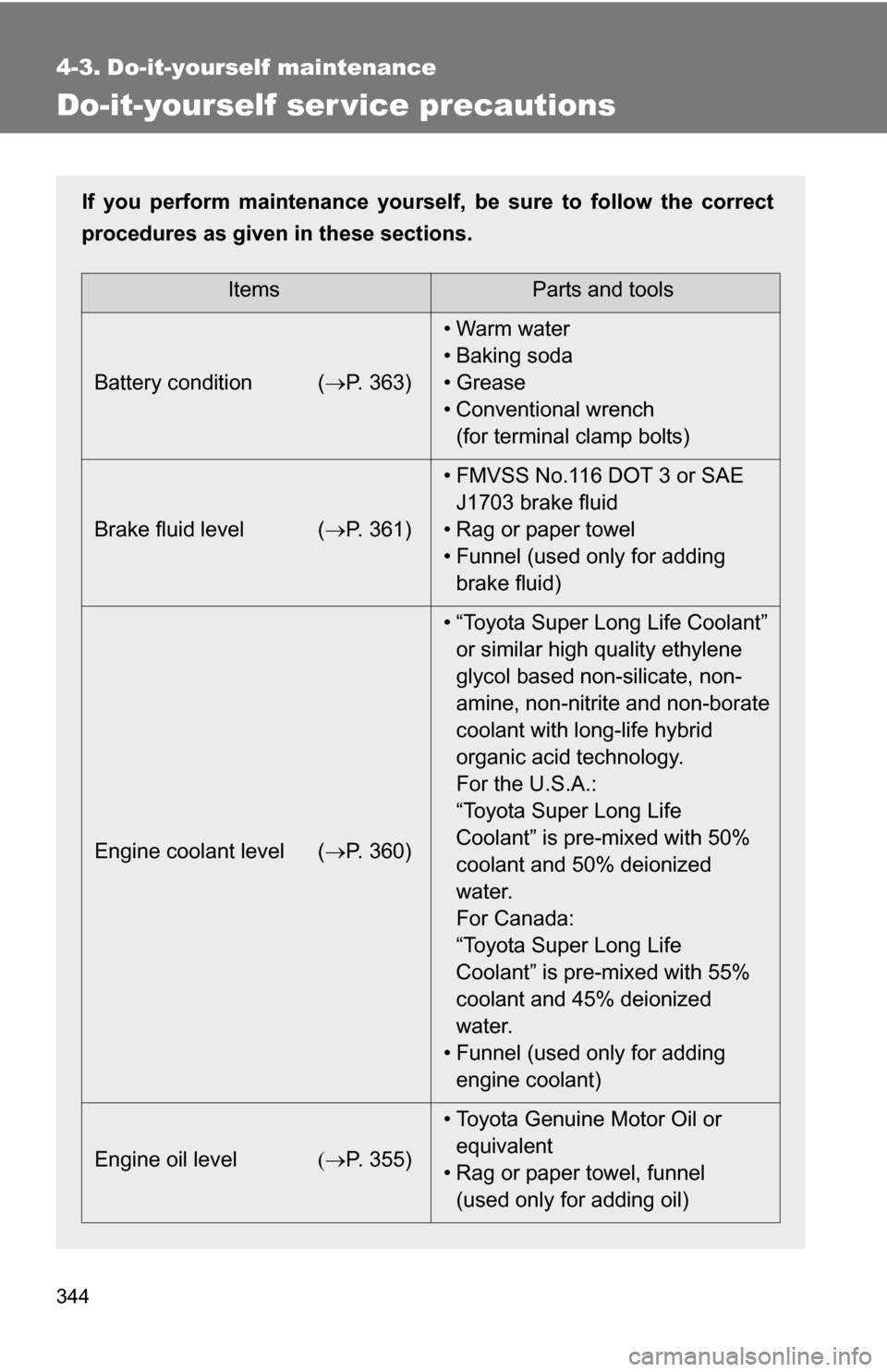 TOYOTA RAV4 2009 XA30 / 3.G Owners Manual 344
4-3. Do-it-yourself maintenance
Do-it-yourself ser vice precautions
If you perform maintenance yourself, be sure to follow the correct
procedures as given in these sections.
ItemsParts and tools
B